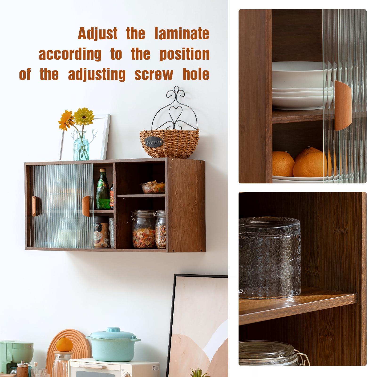 HollyHOME Bamboo Wall Mounted Kitchen Sideboard - 2 Sliding Glass Doors, Freestanding Storage Cabinet with Side Shelf for Bottles, Dishes & Bowls - Walnut Console Dining Cupboard for Small Spaces, Apartments & Modern Kitchens