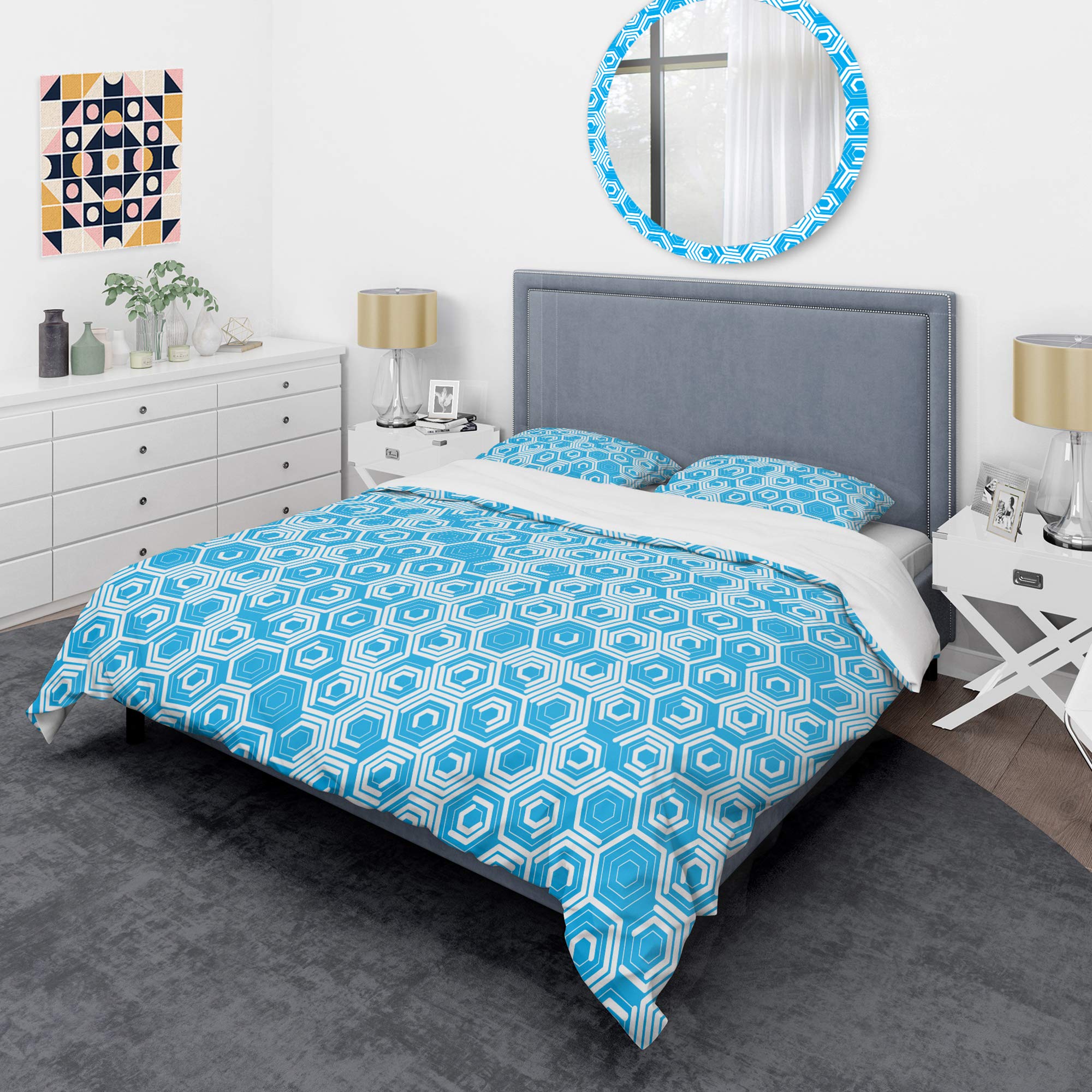 DesignQ Retro Hexagon Pattern VII Mid-Century Modern Duvet Cover Set - Blue Queen Size 3-Piece Bedding Set | All Season Comfort for Master Bedroom, Guest Room & Airbnb