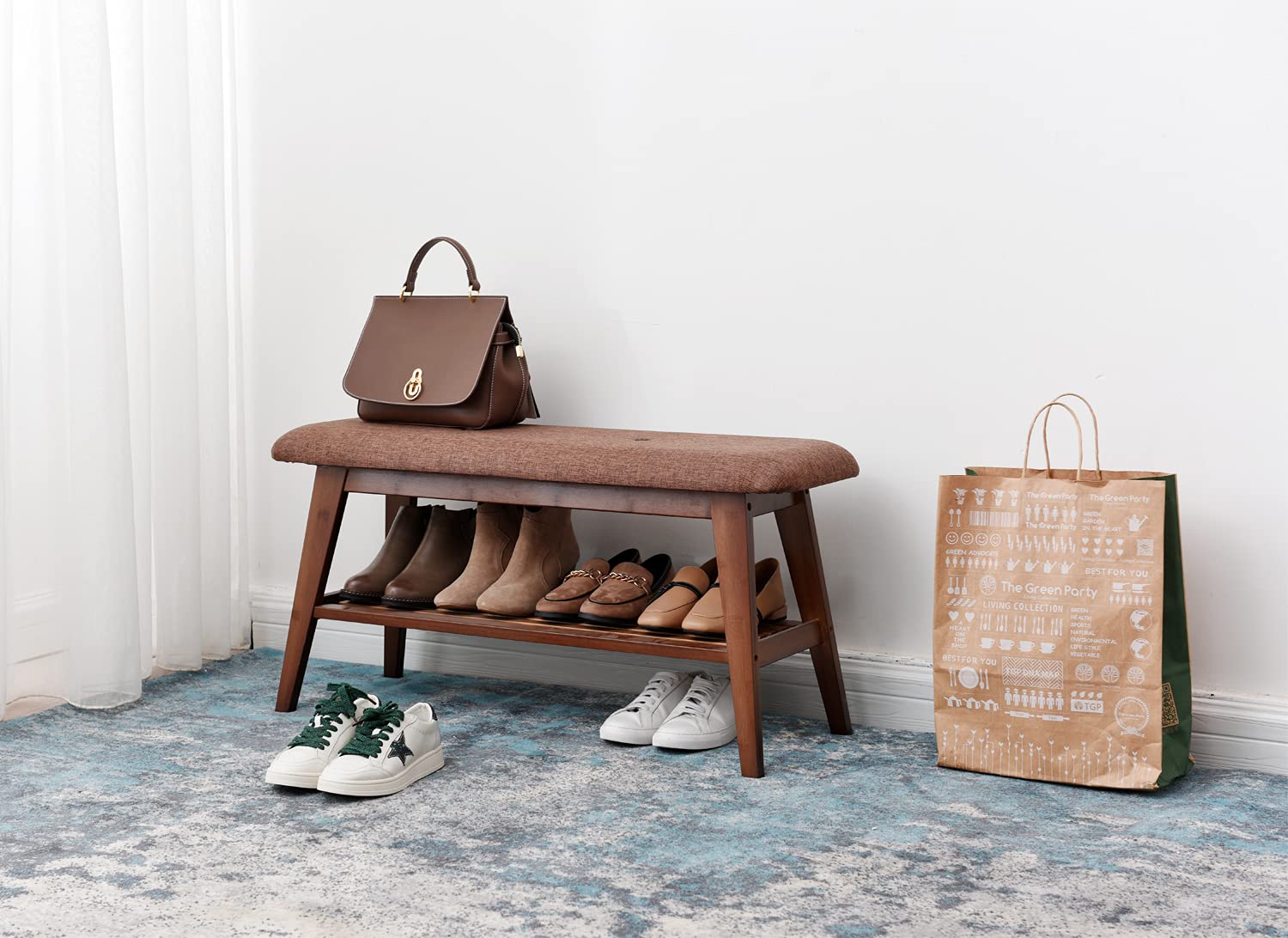 **Bamboo Shoe Rack Bench with 2-Tier Storage - Sturdy Entryway Organizer for Hallway, Living Room & Mudroom - Simple Style, High Load-Bearing (Brown, 35.4 Inches) - Perfect for Small Spaces & Shoe Storage**