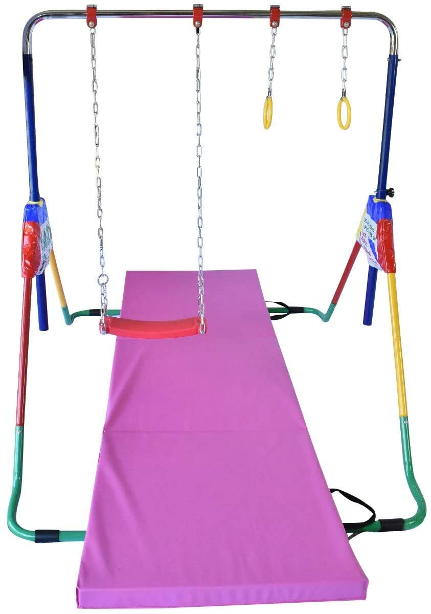 Adjustable 5-in-1 Gymnastics Bar for Kids - Foldable Horizontal Kip Bar with Tumbling Mat, Swing Seat, Trapeze Rings & Basketball Hoop - Home Training Equipment for Junior Gymnasts - Perfect for Indoor Playrooms, Backyard Fun & Preschool Exercise