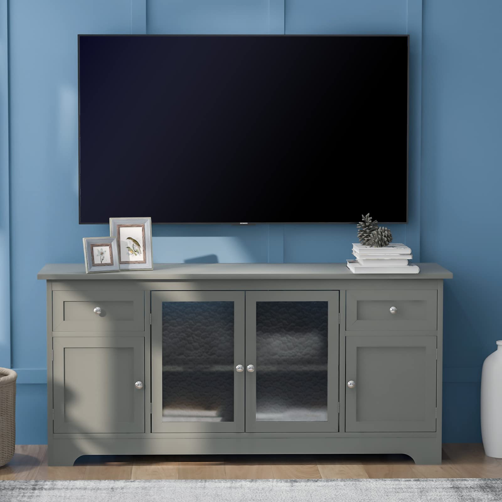 65 Inch TV Stand with 4 Doors & 2 Drawers - Modern Wood Media Console with Adjustable Shelves & Cable Management - Entertainment Center for Living Room, Bedroom (Light Green) - Perfect for Organizing TVs, Gaming Consoles & Home Decor