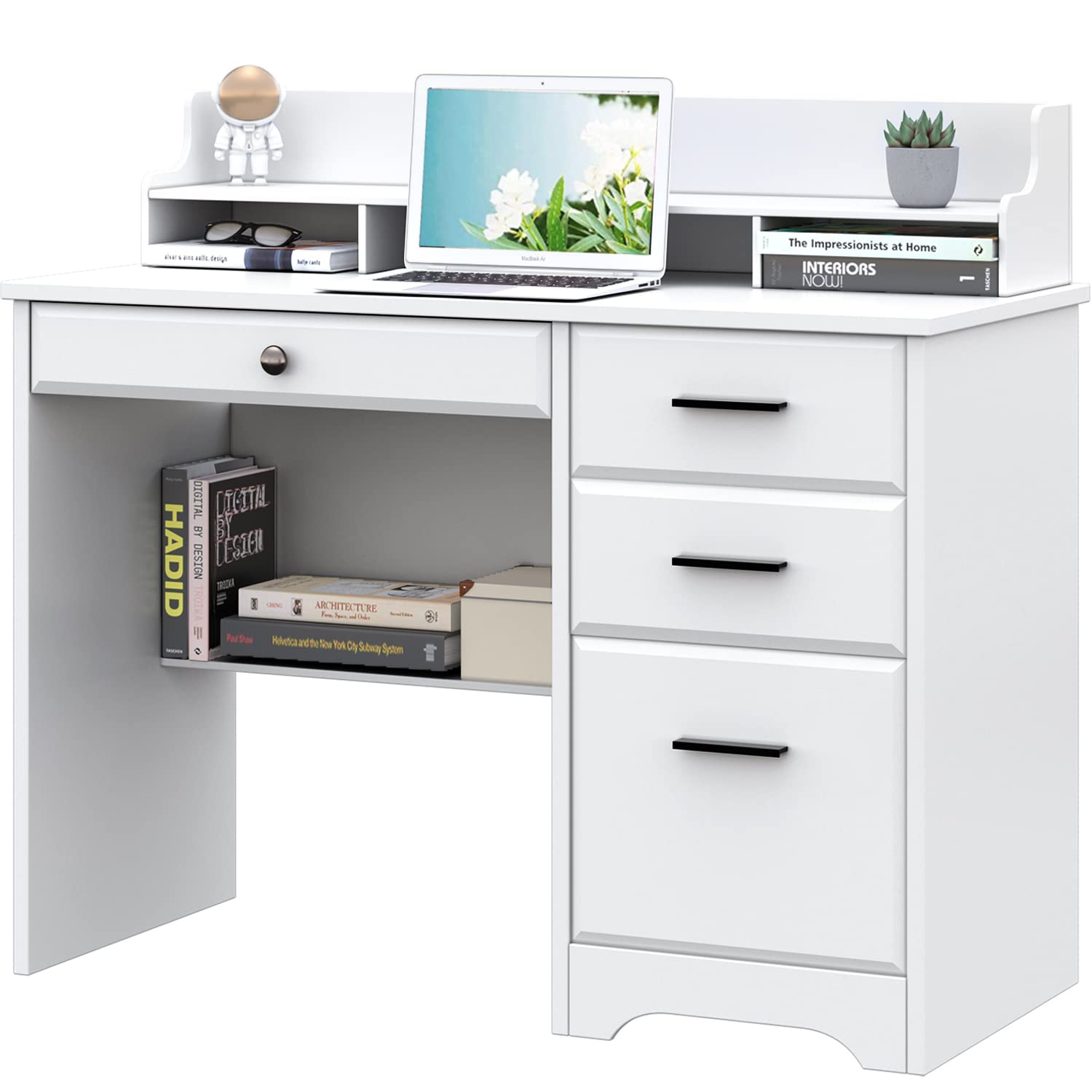 44 Inch White Computer Desk with Storage Drawers & Hutch - Home Office Desk with 4 Drawers, Monitor Stand & Writing Table for Small Spaces - Perfect for Bedroom Study, Gaming & Work from Home Setup