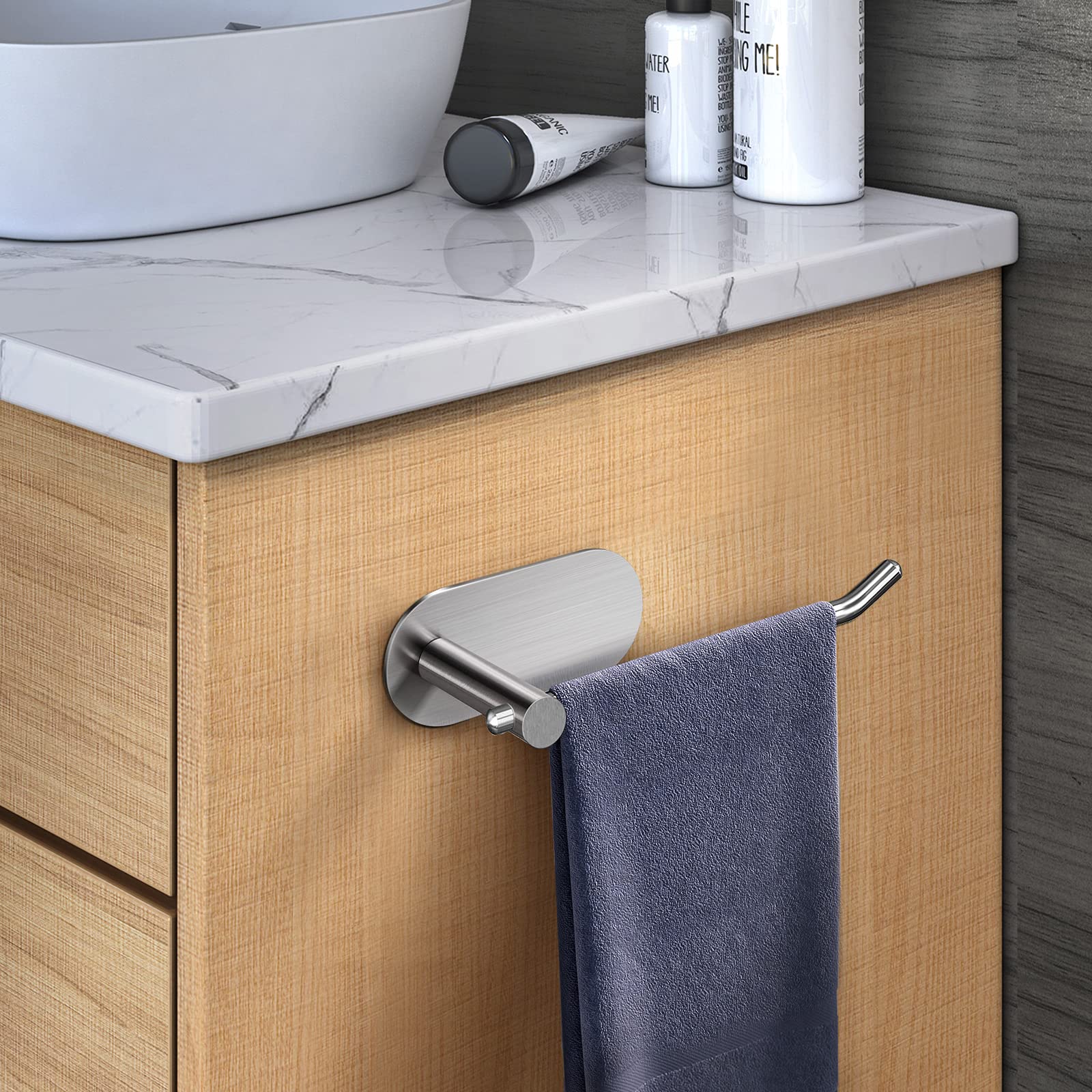 VAEHOLD No Drill Adhesive Towel Holder - Stainless Steel Brushed Silver Bathroom & Kitchen Towel Rack Ring Hanger (SUS 304) - Perfect for Small Spaces, Apartments & RVs