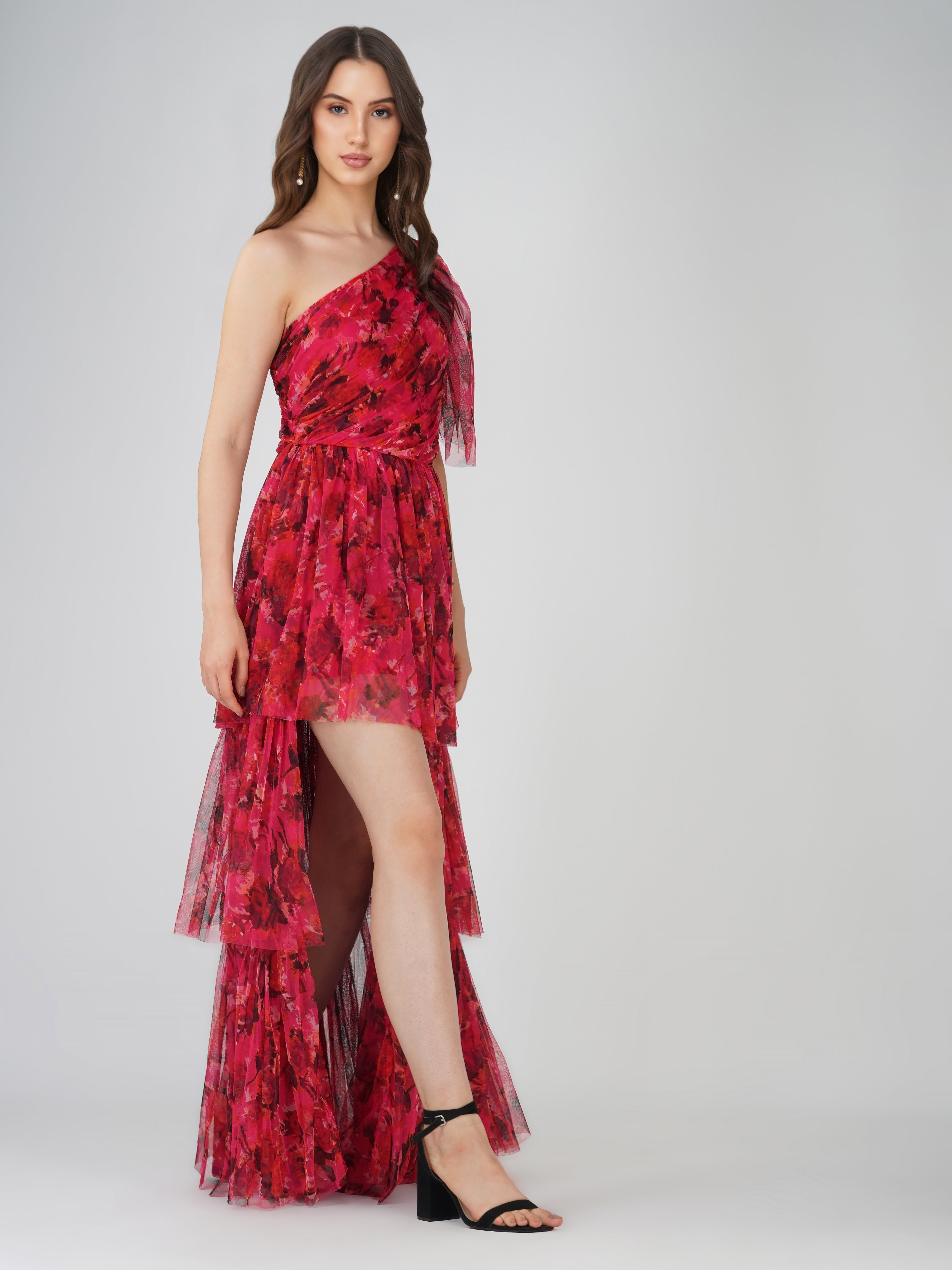 Rowena Red & Pink Printed One Shoulder Maxi Dress for Women - Elegant Summer Beach Party & Evening Cocktail Dress