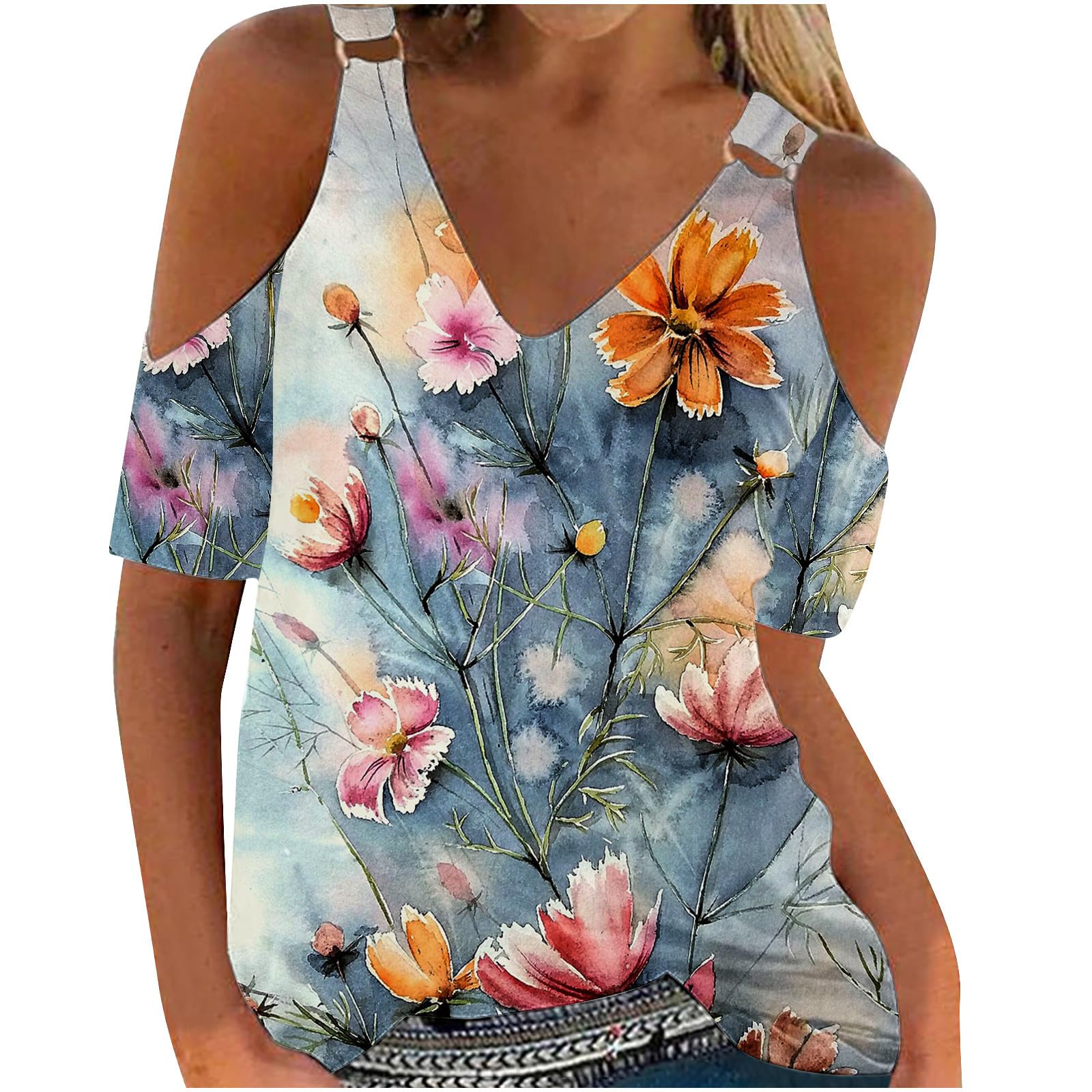 Women's Summer Sexy V-Neck Cold Shoulder T-Shirt - Short Sleeve Printed Blouse, Loose Fit Tunic Top for Casual Wear | Beach, Party & Vacation Outfits