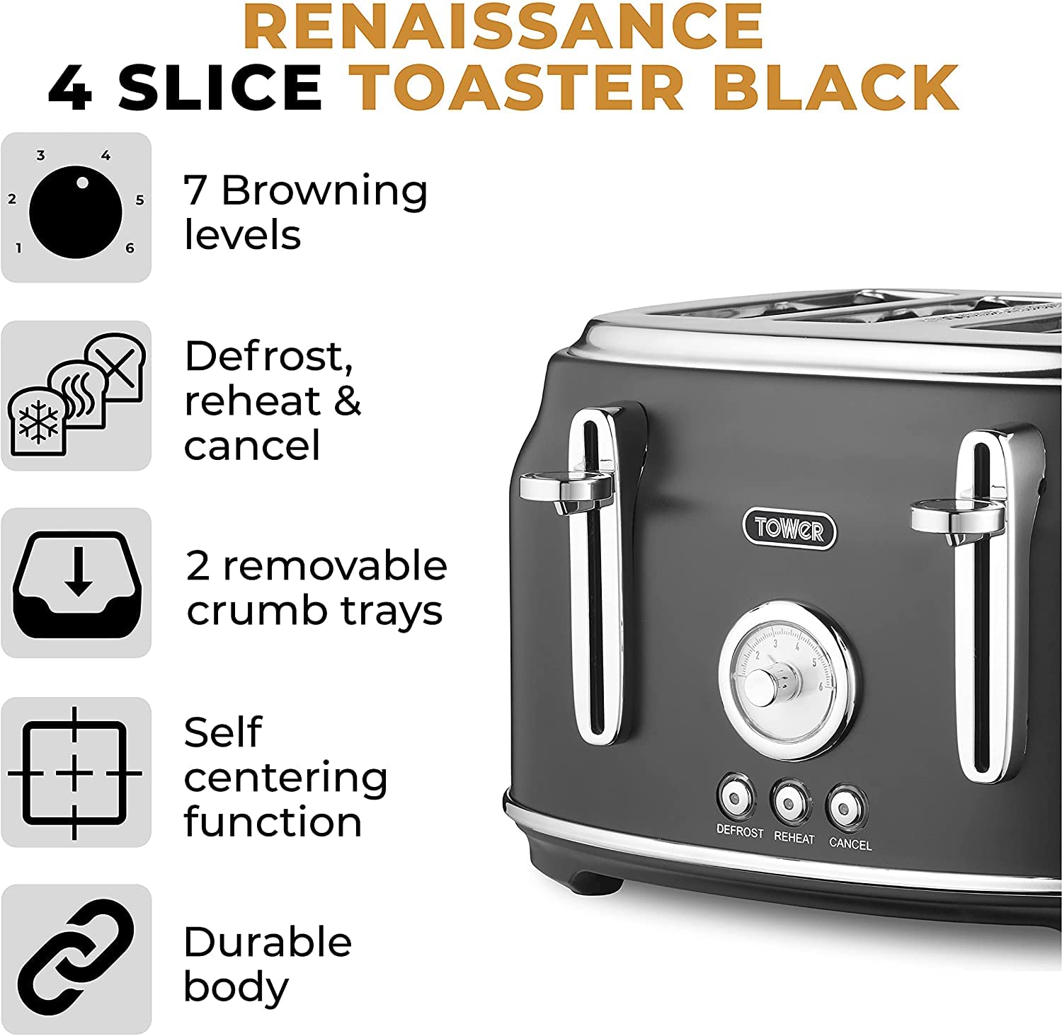 RKW Tower Renaissance Black 3KW 1.7L Electric Kettle & 4 Slice 1630W Toaster Set - Modern Kitchen Appliance Combo for Breakfast, Tea, and Coffee Making - Perfect for Home, Office, and Dorm Use