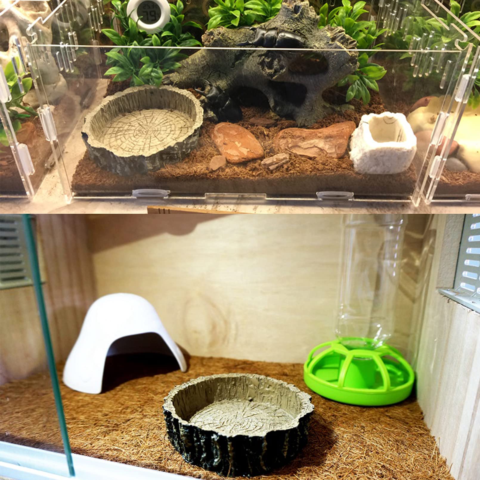 Hamiledyi 3 Pack Reptile Water Dish & Food Bowl Set - Resin Bearded Dragon Rock Feeder with Feeding Tweezers for Leopard Gecko, Lizard, Frog, Snake, Chameleon, Tortoise - Perfect for Terrarium Habitat & Easy Feeding