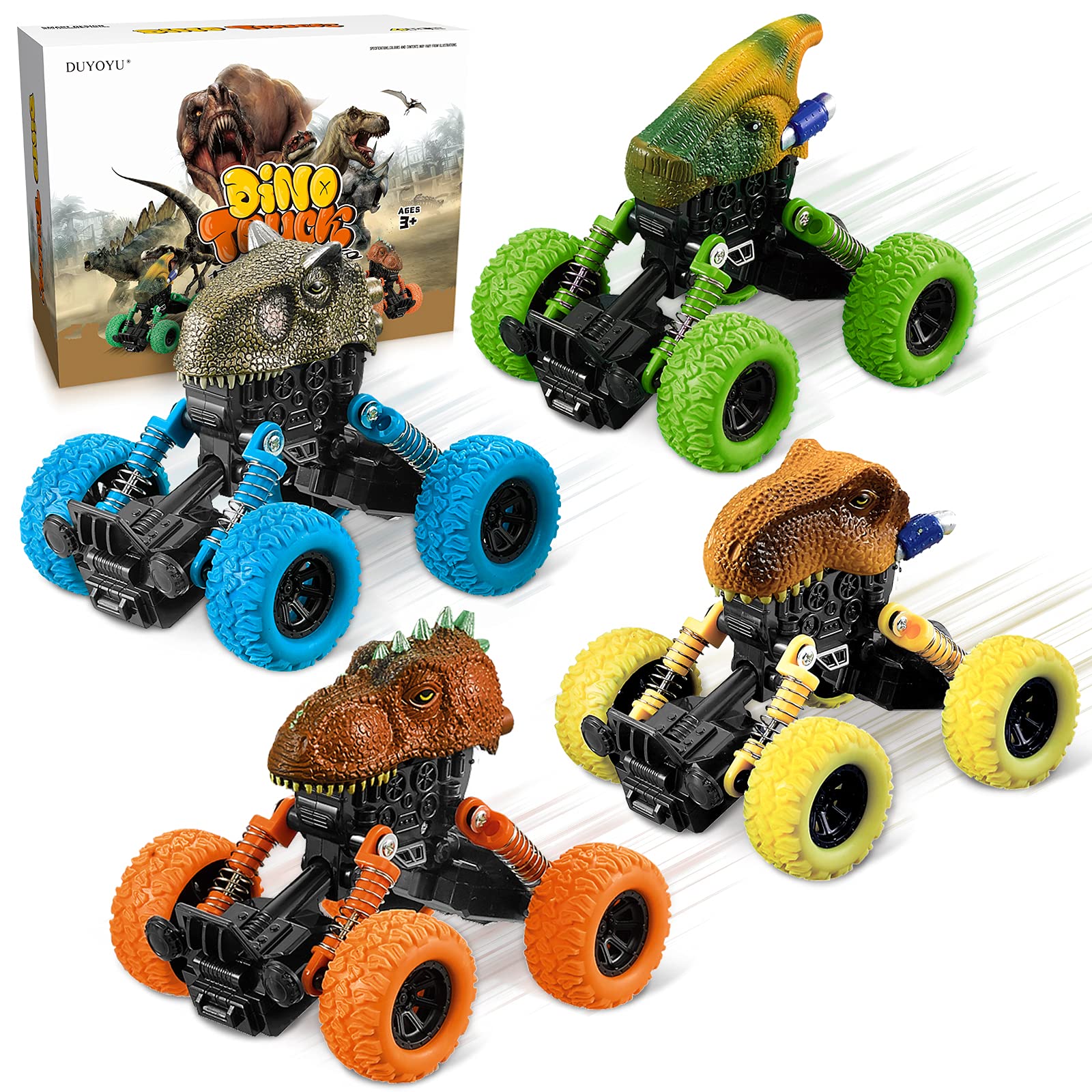 Dinosaur Toys for Kids Ages 3-5 | 4 Pack Pull Back Monster Truck Toy Cars with T-Rex | Fun Dinosaur Games for Toddlers & Boys | Perfect Birthday Gifts for 3,4,5 Year Olds | Great for Pretend Play, Party Favors & Learning About Dinosaurs
