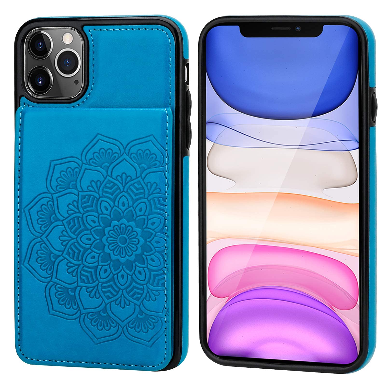 Vaburs iPhone 11 Pro Max Wallet Case - PU Leather Flip Cover with 5 Card Slots & Kickstand, Embossed Mandala Flower Design, Shockproof Protective Phone Case for iPhone 11 Pro Max 6.5 Inch (Blue) | Perfect for Travel, Work, and Everyday Use
