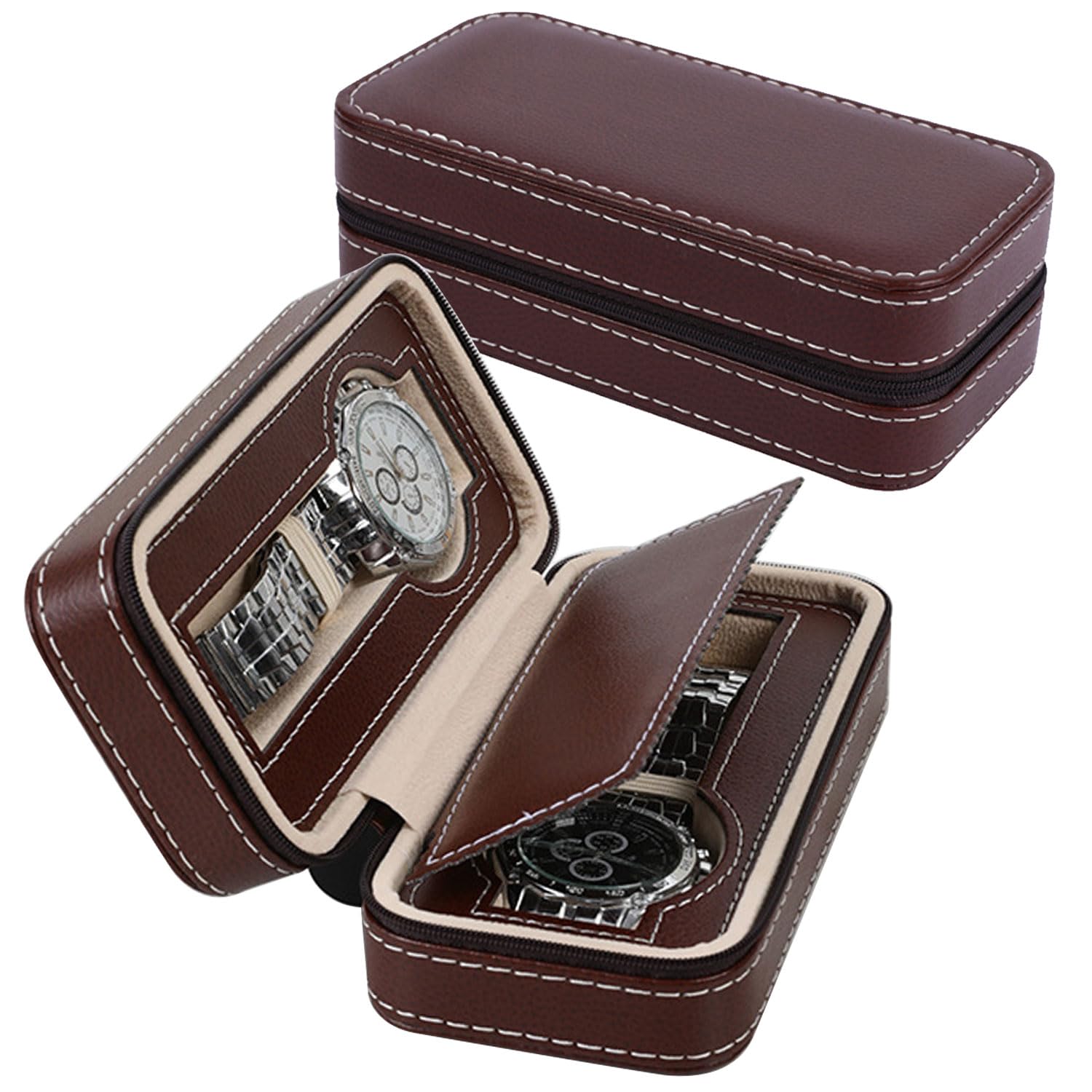 Premium Men's Leather Travel Watch Case - 2 Slot Zipper Watch Storage Pouch & Organizer for Wristwatches & Watch Bands | Perfect for Business Trips, Vacations & Watch Collection Display (Coffee Brown)