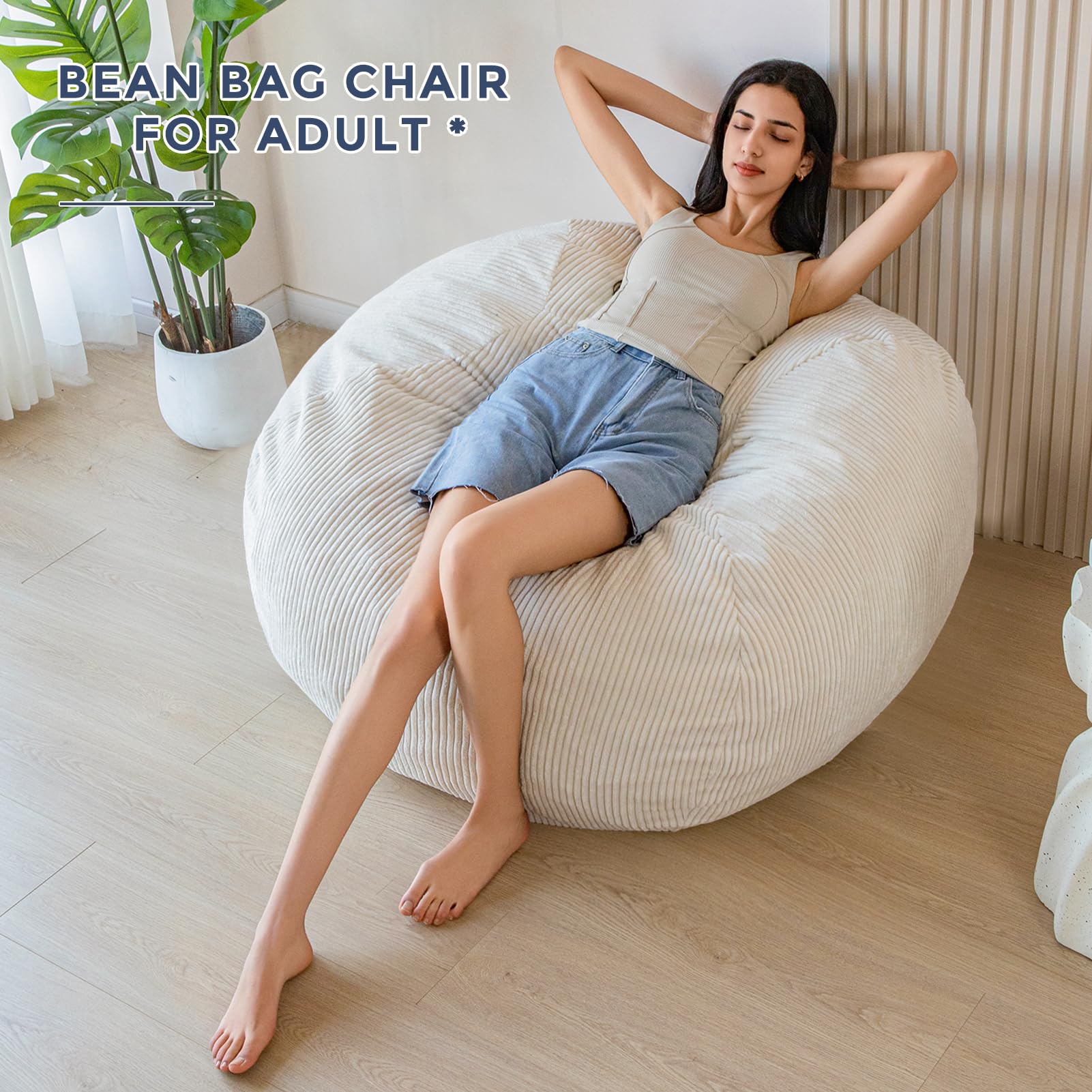 MAXYOYO 3ft Corduroy Bean Bag Chair for Adults - Ultra Soft Fur Lazy Sofa in Beige | Comfortable Lounge Chair for Living Room, Bedroom & Game Room Relaxation