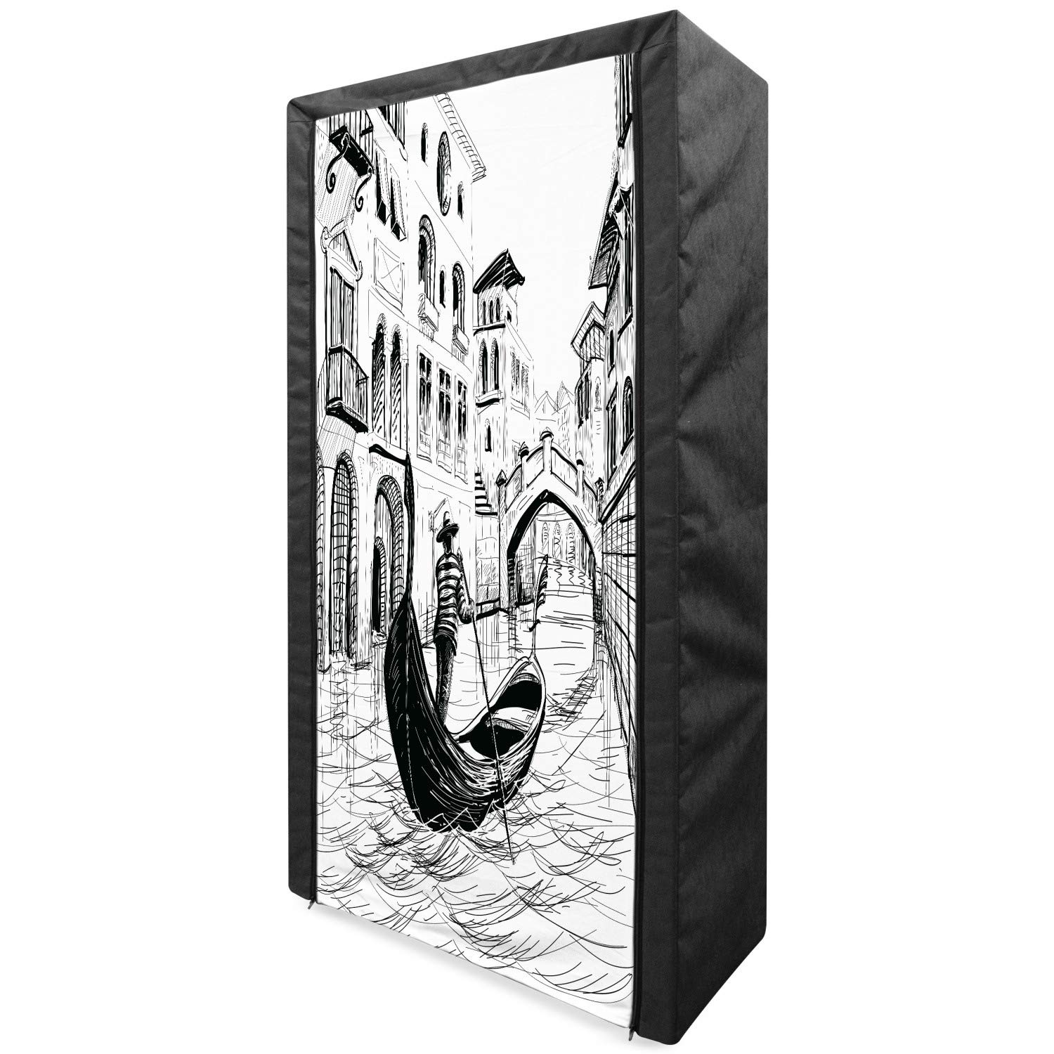 Ambesonne Sketchy Portable Fabric Wardrobe - Black & White Clothing Organizer with Shelves | 33.5