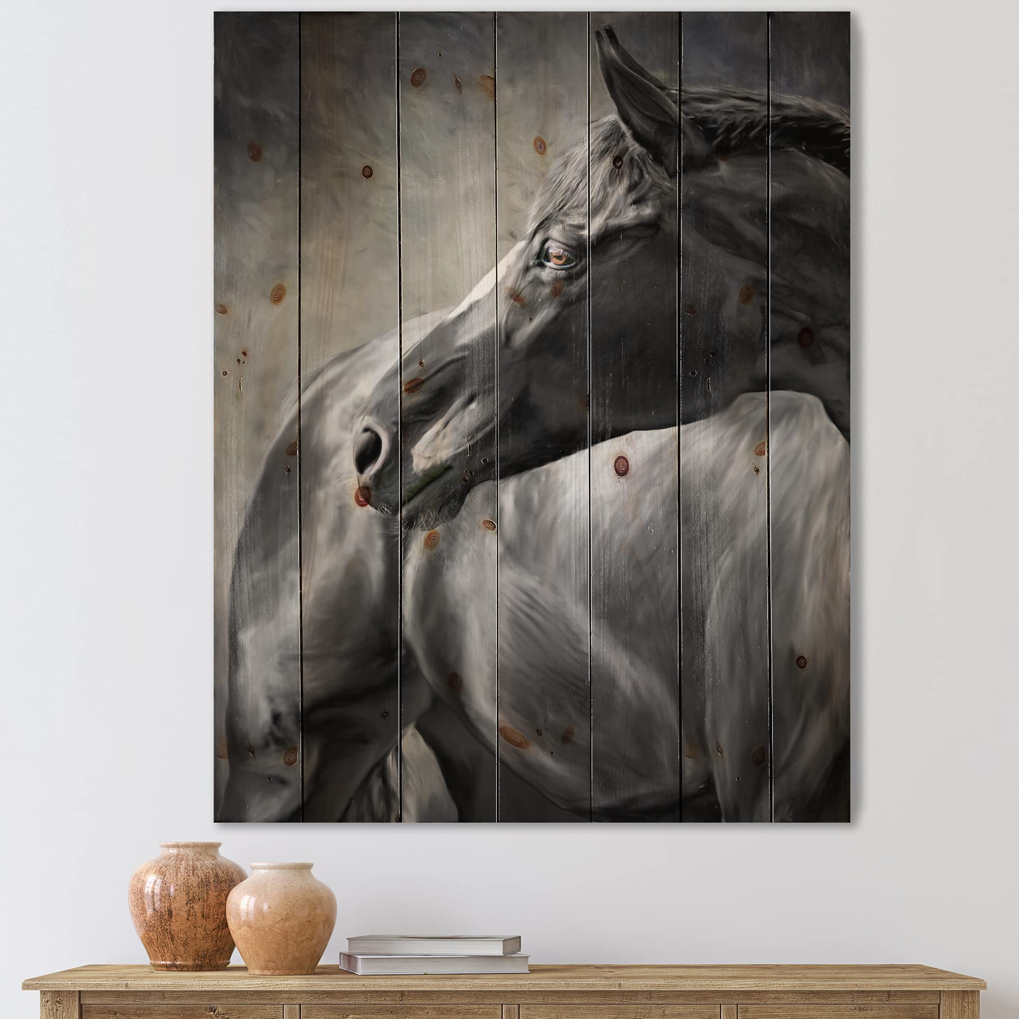 DesignQ Black Horse Portrait Farmhouse Wood Wall Decor - Large Animal Wall Art Panel Printed on Natural Pine Wood - Perfect for Living Room, Bedroom & Rustic Home Decor