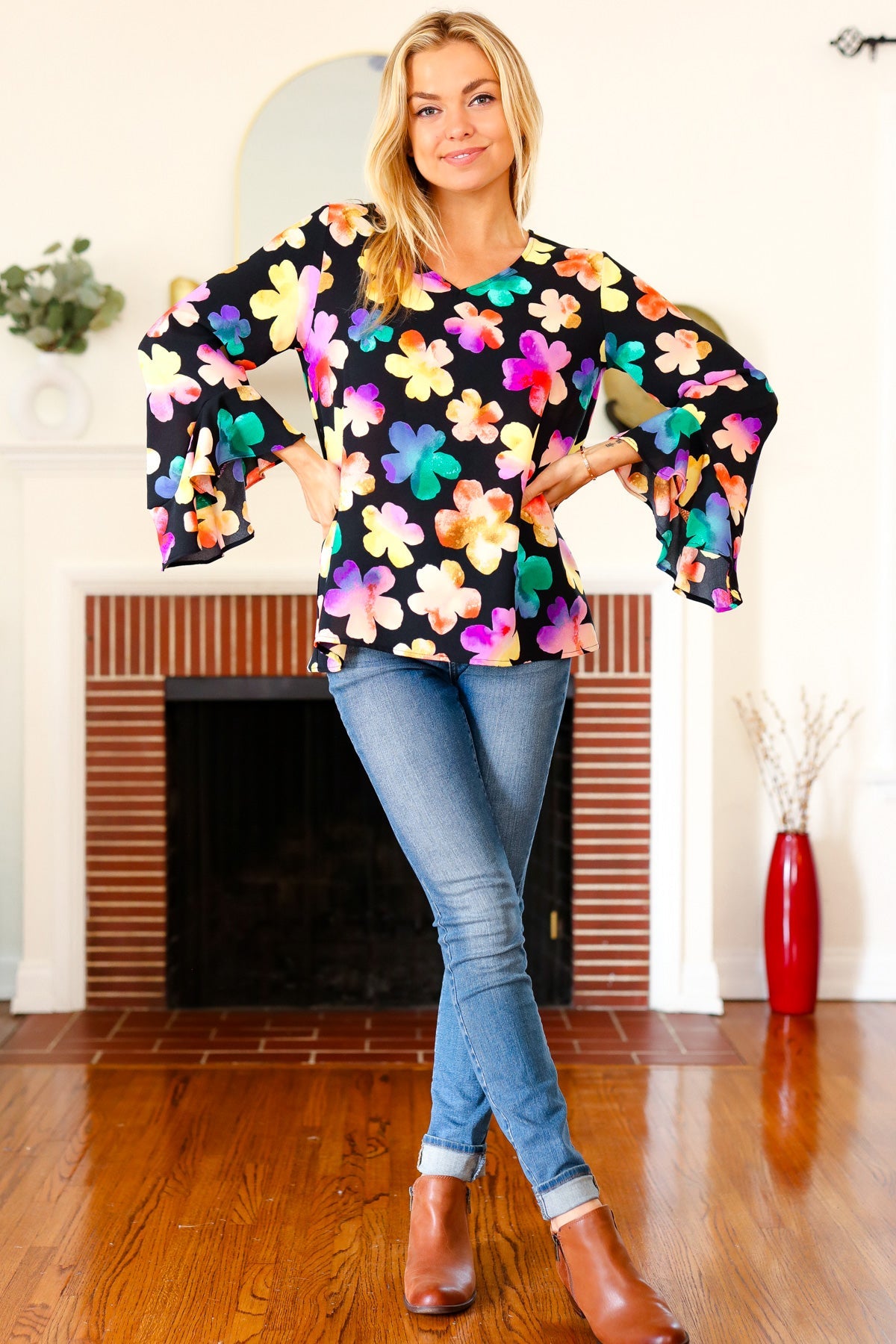 Be Bold Black Floral Hi-Lo Ruffle Sleeve Woven Blouse | Women's Fashion Tops for Party, Date Night & Special Occasions