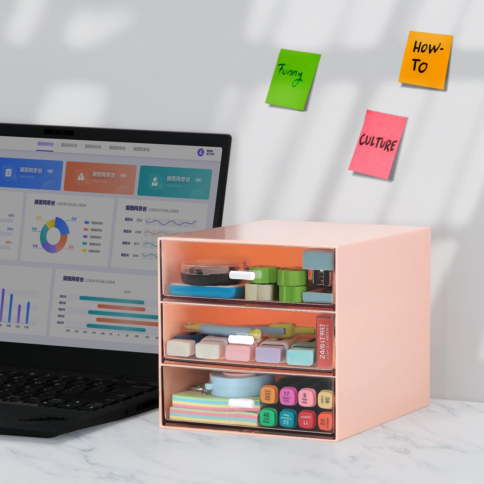 4-Drawer Clear Plastic Desk Organizer - Pink Office Storage Box for Pens, Pencils, Markers & Supplies | Perfect for Home Office, School & Workspace Organization