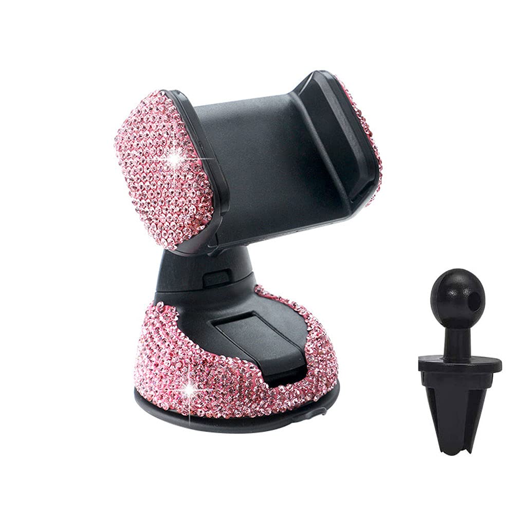 Shiny Rhinestone Car Phone Holder Stand - Pink/Red Dashboard & Air Vent Mount for Women | Perfect for Hands-Free Calling, GPS Navigation & Safe Driving