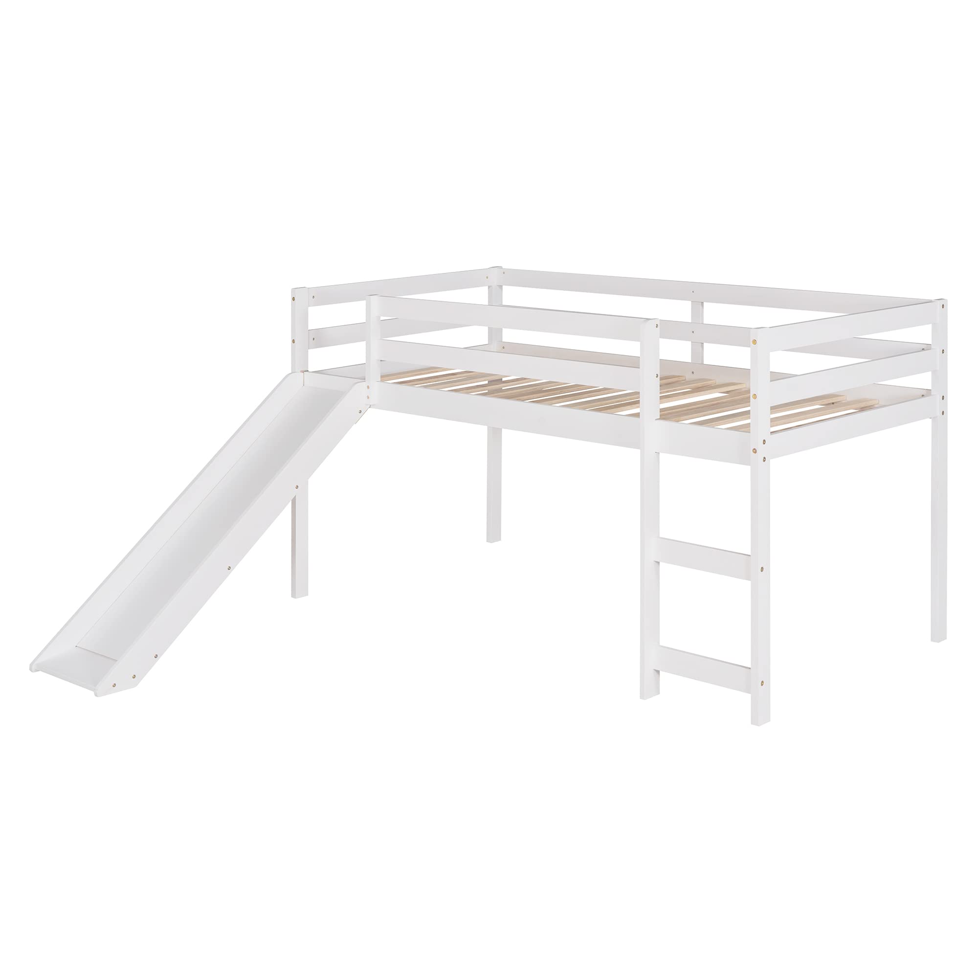 Merax Twin Low Loft Bed with Slide - Wooden Kids Bed Frame with Guardrail & Ladder - Space-Saving Bunk Bed for Small Bedrooms, Playrooms & Dorm Rooms (White)