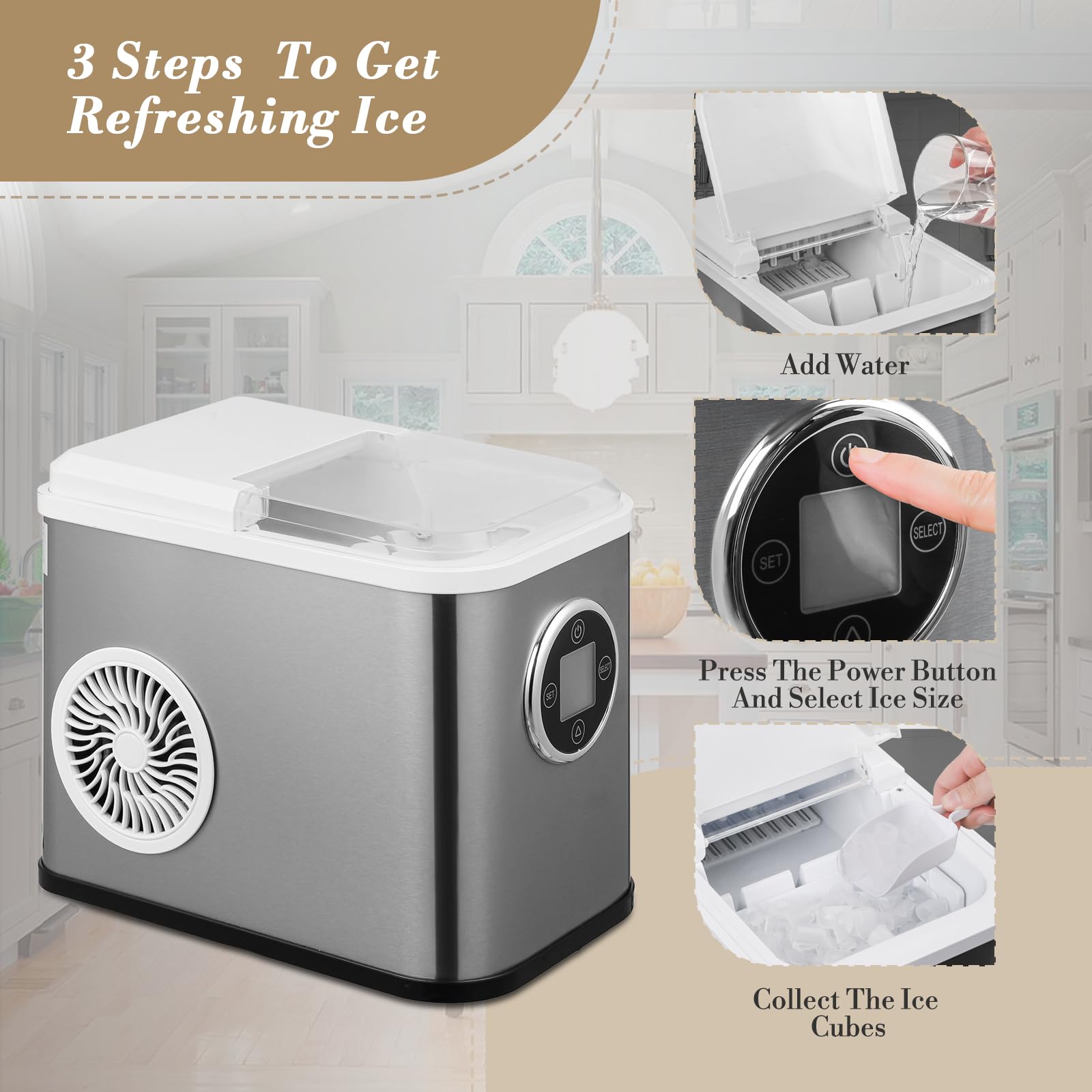 Portable Countertop Ice Maker Machine - 26lbs/24Hrs, 9 Bullet Ice in 10 Mins, Self-Cleaning with Scoop & Basket - 3 Ice Sizes for Home, Kitchen, Office, Party, RV - Perfect for Cocktails, Beverages & Outdoor Activities (White)