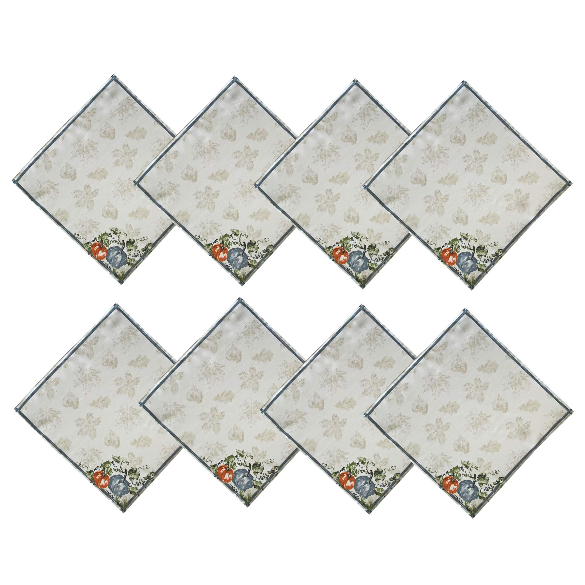 Premium Stone Washed Blue Pumpkin Vines Fabric Napkin Set - Set of 8 Elegant Bordered Napkins for Thanksgiving, Fall Decor, and Seasonal Table Setting