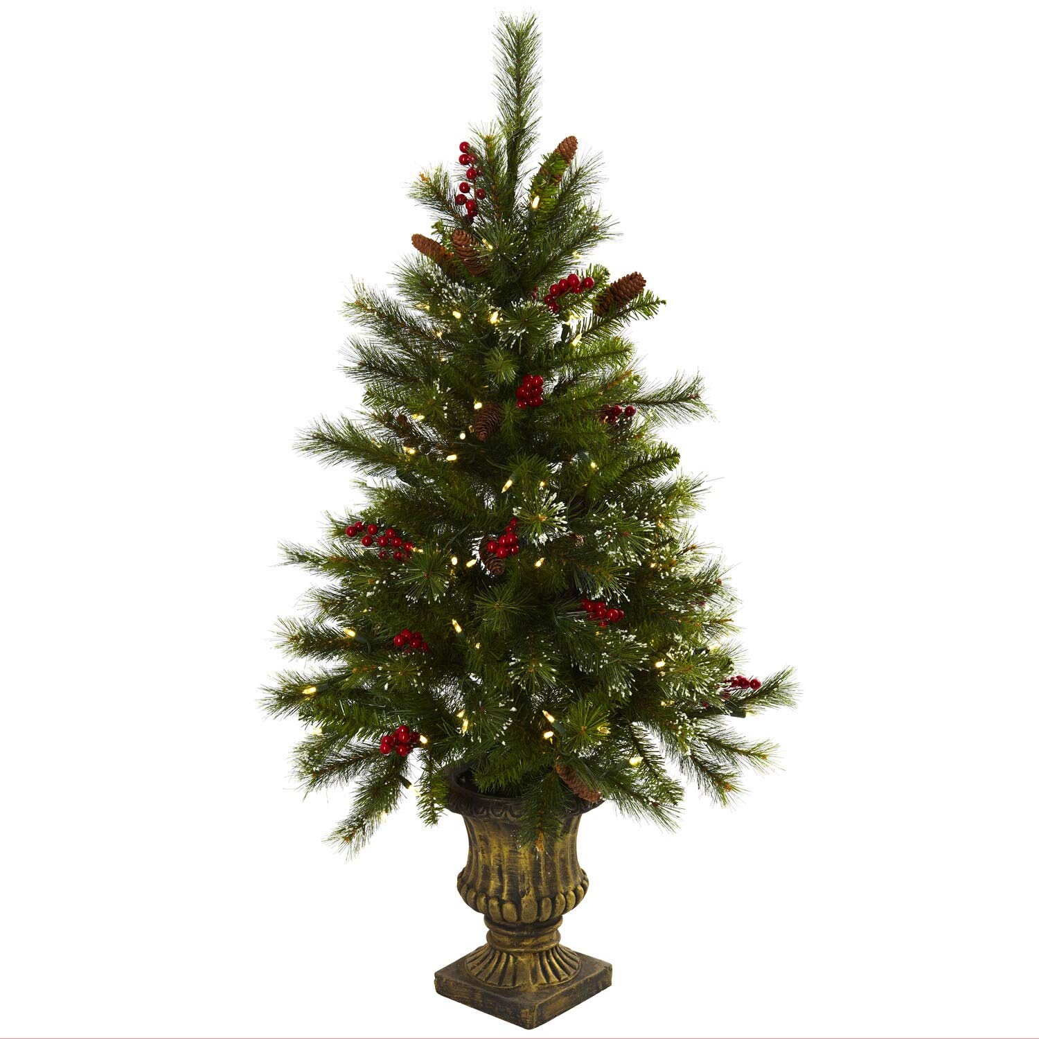 4-Foot Artificial Christmas Tree with LED Lights, Pine Cones, and Berries - Green Iron Metal Base with Polyester Branches for Holiday Home Decor | Perfect for Living Room, Office, and Christmas Party Decoration