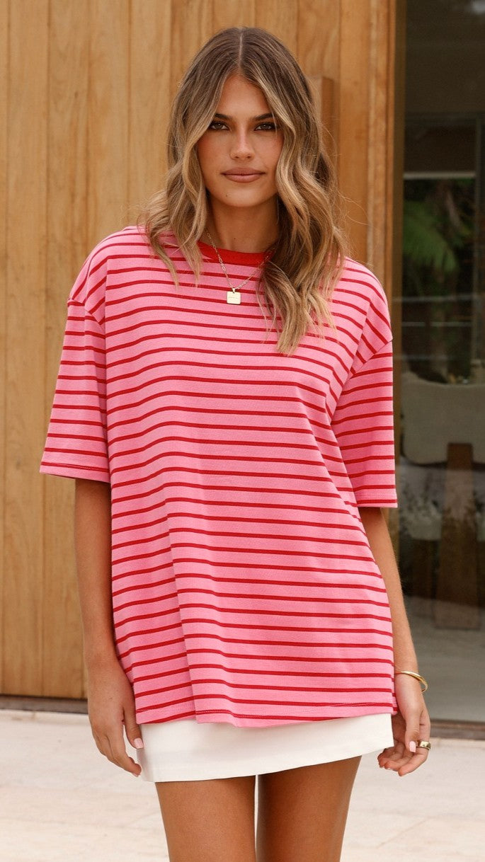 Jeto Oversized Tee for Women - Soft Cotton Relaxed Fit T-Shirt in Pink & Red | Casual Wear, Lounge, Street Style