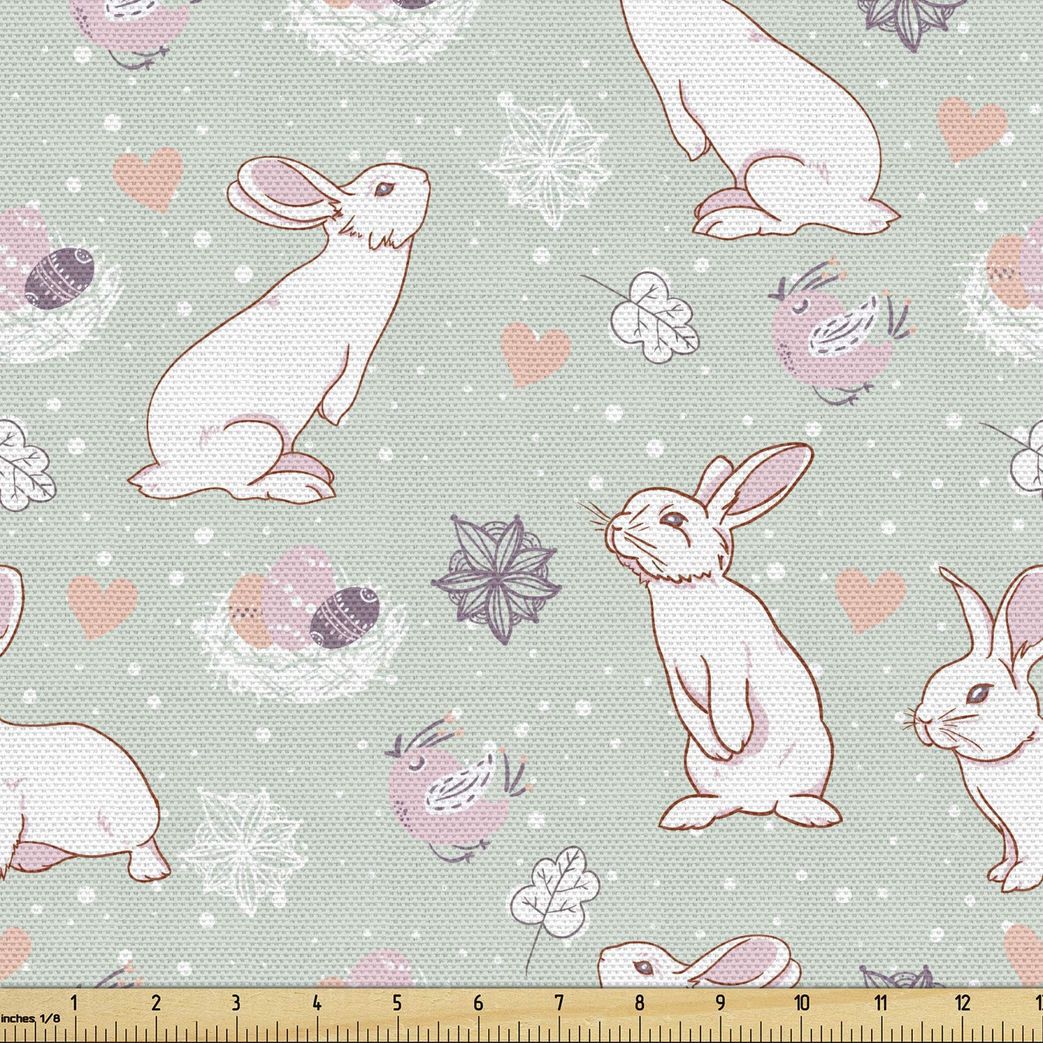 Ambesonne Easter Fabric by The Yard - White Rabbits with Spring Flowers, Eggs & Hearts in Pastel Colors | 10 Yards Decorative Upholstery Fabric for Sofa, Curtains & Home Decor | Perfect for Easter Decorations, DIY Crafts & Seasonal Home Accents