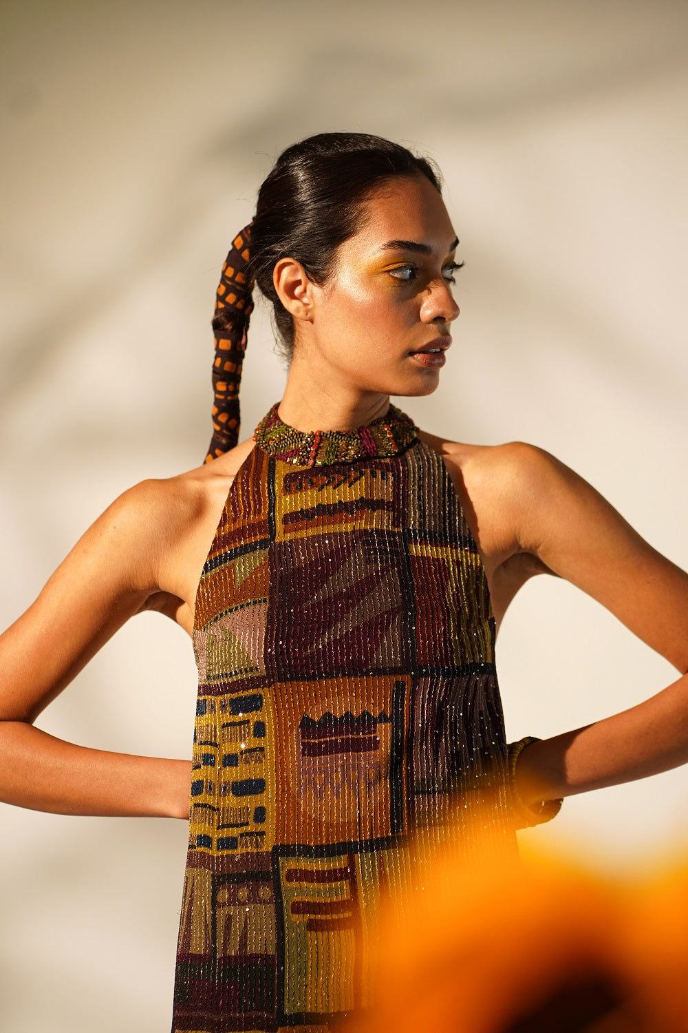 Stylish Multicolor Abstract Print Halter Neck Dress with Baroque Metallic Embellishments - Perfect for Cocktail Parties, Date Nights & Summer Vacations