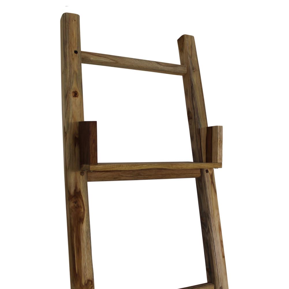 Haussmann® 18 x 64 Inch Adjustable Shelf Teak Wood Bathroom Towel Ladder - Rustic Home Decor for Spa, Sauna & Luxury Bathroom Organization