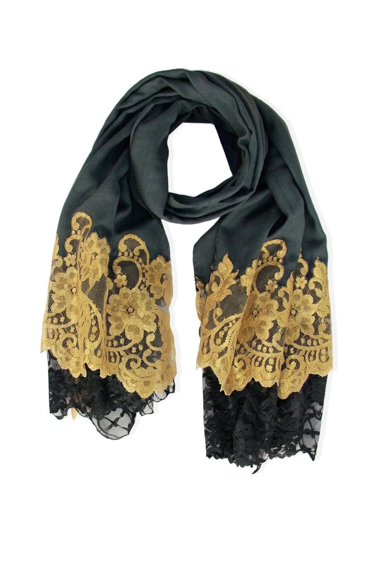 Elegant Black and Gold Lace Scarf for Women - Fashionable Wrap Shawl for Evening Parties, Weddings & Special Occasions