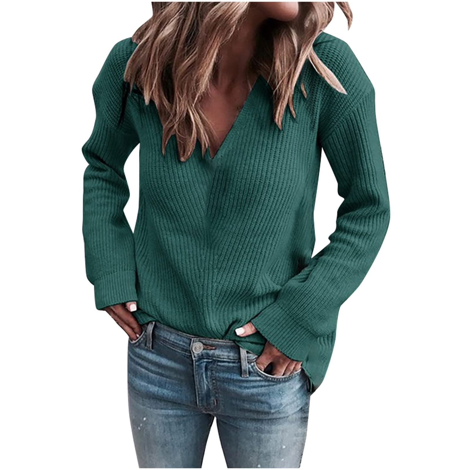 FMCHICO Women's Long Sleeve Knit Tunic Top - V Neck Henley Blouse, Loose Fit Casual T-Shirt for Work, Office & Everyday Wear