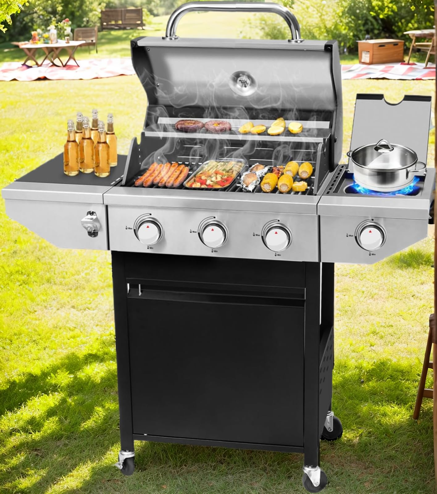 4 Burner Outdoor Propane Gas Grill with Side Burner & Built-in Thermometer - Stainless Steel BBQ Grill with Wheels for Backyard, Patio, Camping & Tailgating - Perfect for Family Gatherings, Outdoor Cooking & Grilling Parties