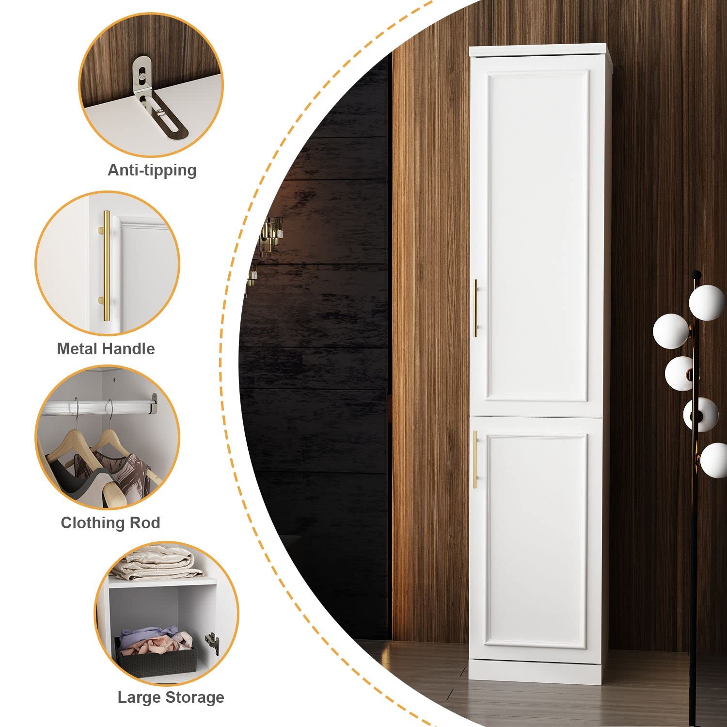 FAMAPY 2 Door Wardrobe Closet - Tall Narrow Armoire with Hanging Rod & Gold Metal Handles, White Bedroom Storage Cabinet (15.7”W x 19.3”D x 74.9”H) - Perfect for Small Spaces, Apartments, Dorm Rooms & Closet Organization