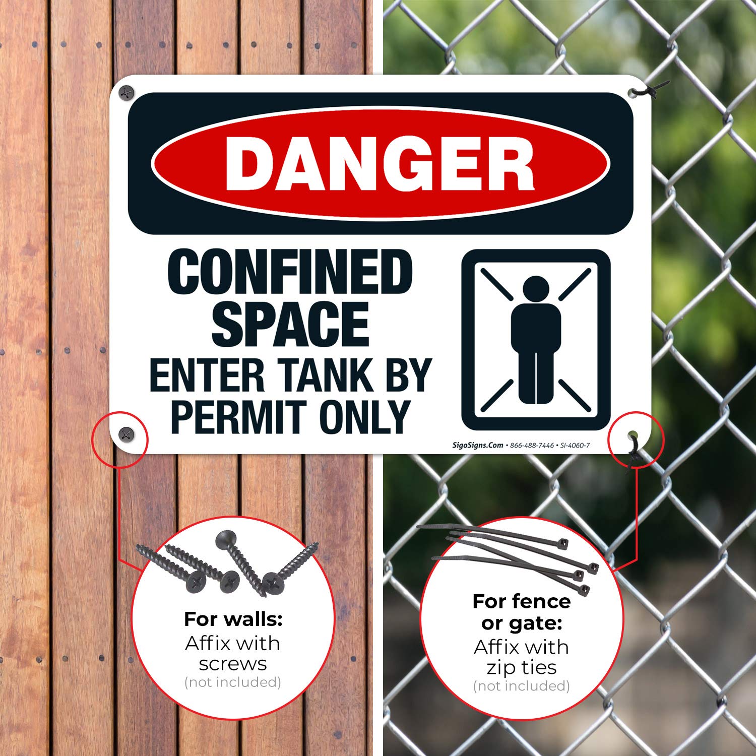 Danger Confined Space Sign - Enter Tank by Permit Only | OSHA Compliant 10x7 Inch Aluminum Safety Sign | Rust-Free .040 Aluminum, Fade Resistant for Indoor/Outdoor Use | Made in USA | Perfect for Construction Sites, Warehouses & Industrial Facilities
