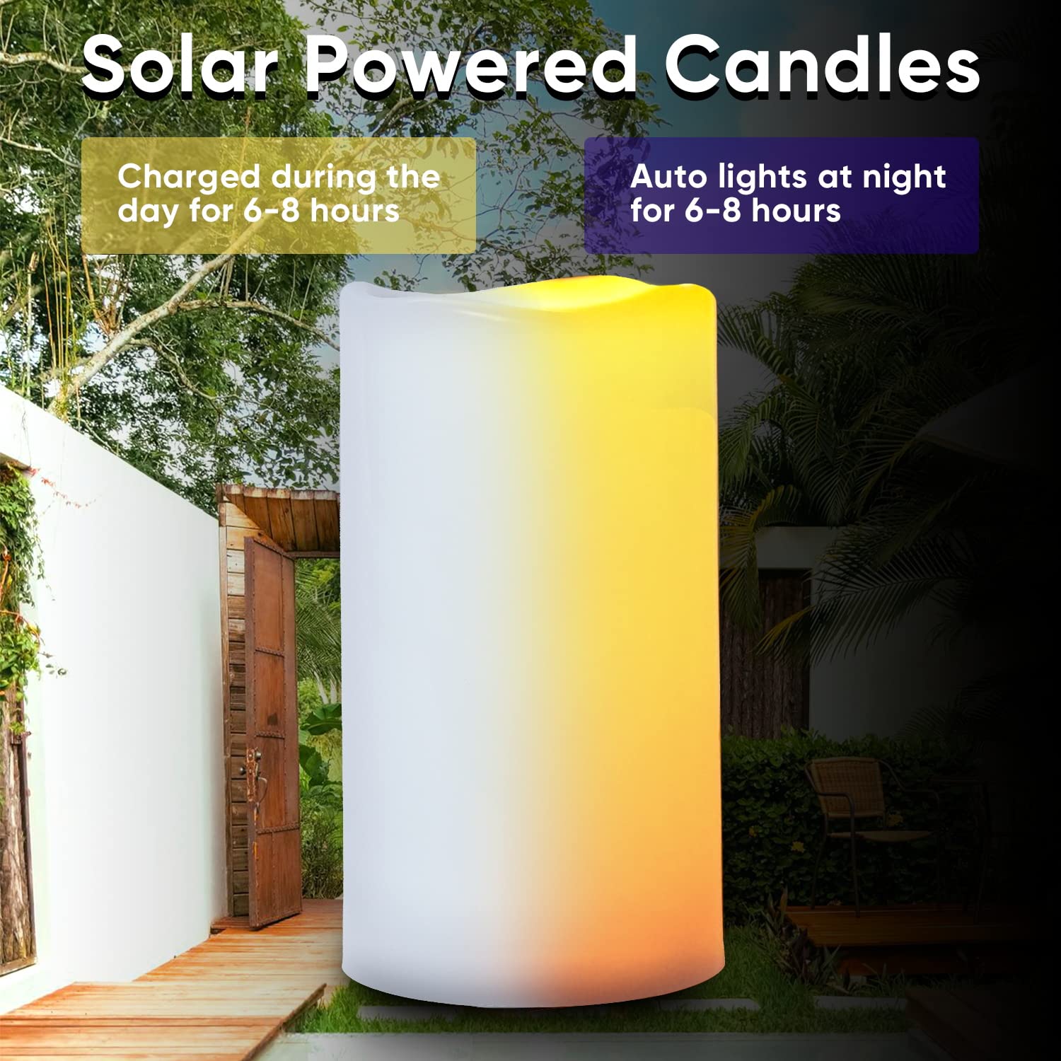 Homemory Large Solar Candles Outdoor Waterproof - 4x10 Inch Solar Powered Flameless Candles with Dusk to Dawn Sensor - Set of 2 for Patio, Garden, Lanterns & Home Decor