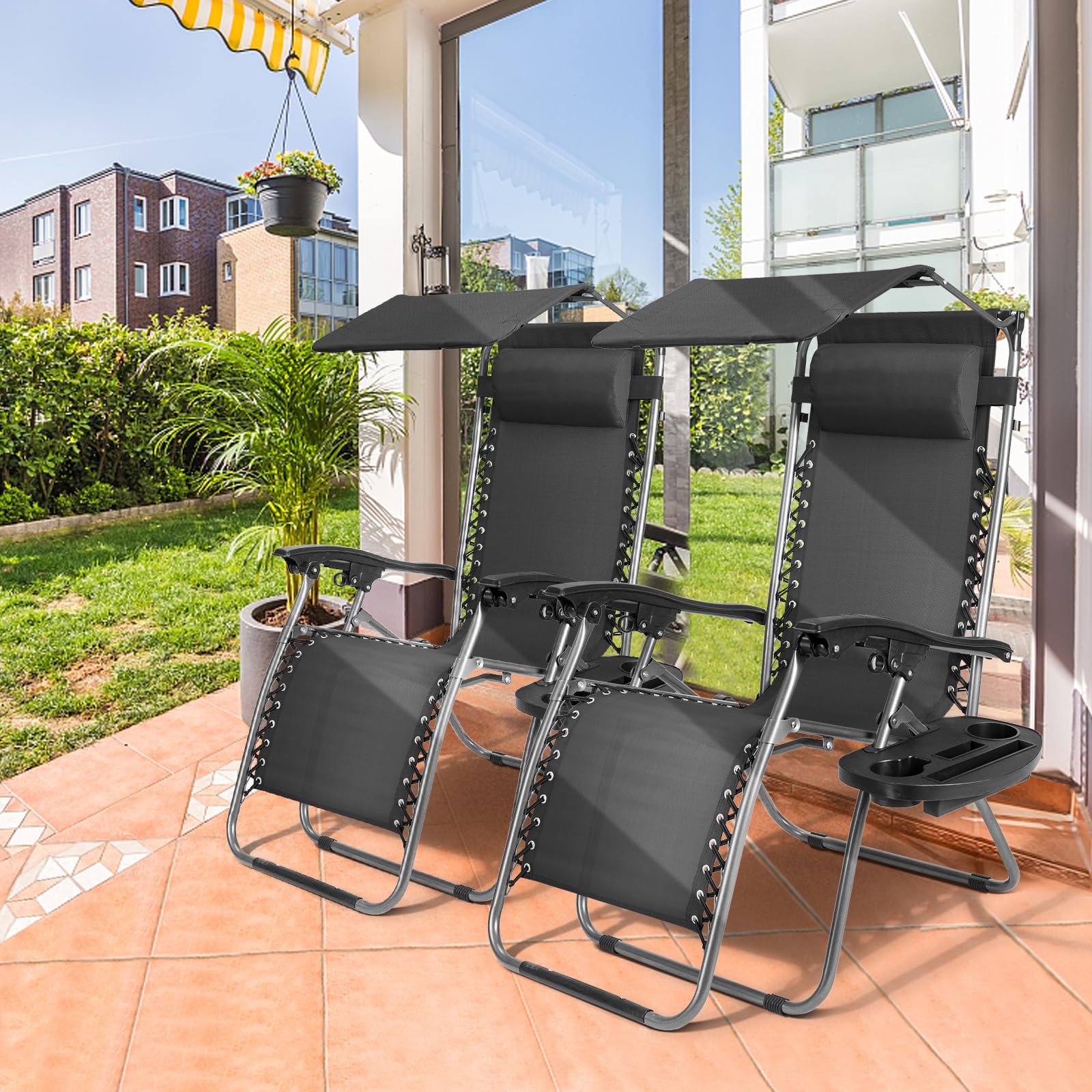 Bonnlo Zero Gravity Chair with Canopy - Adjustable Folding Patio Lounge Chair with Sunshade, Cup Holder & Headrest - Perfect for Beach, Garden, Poolside & Outdoor Relaxation (Blue/Black)