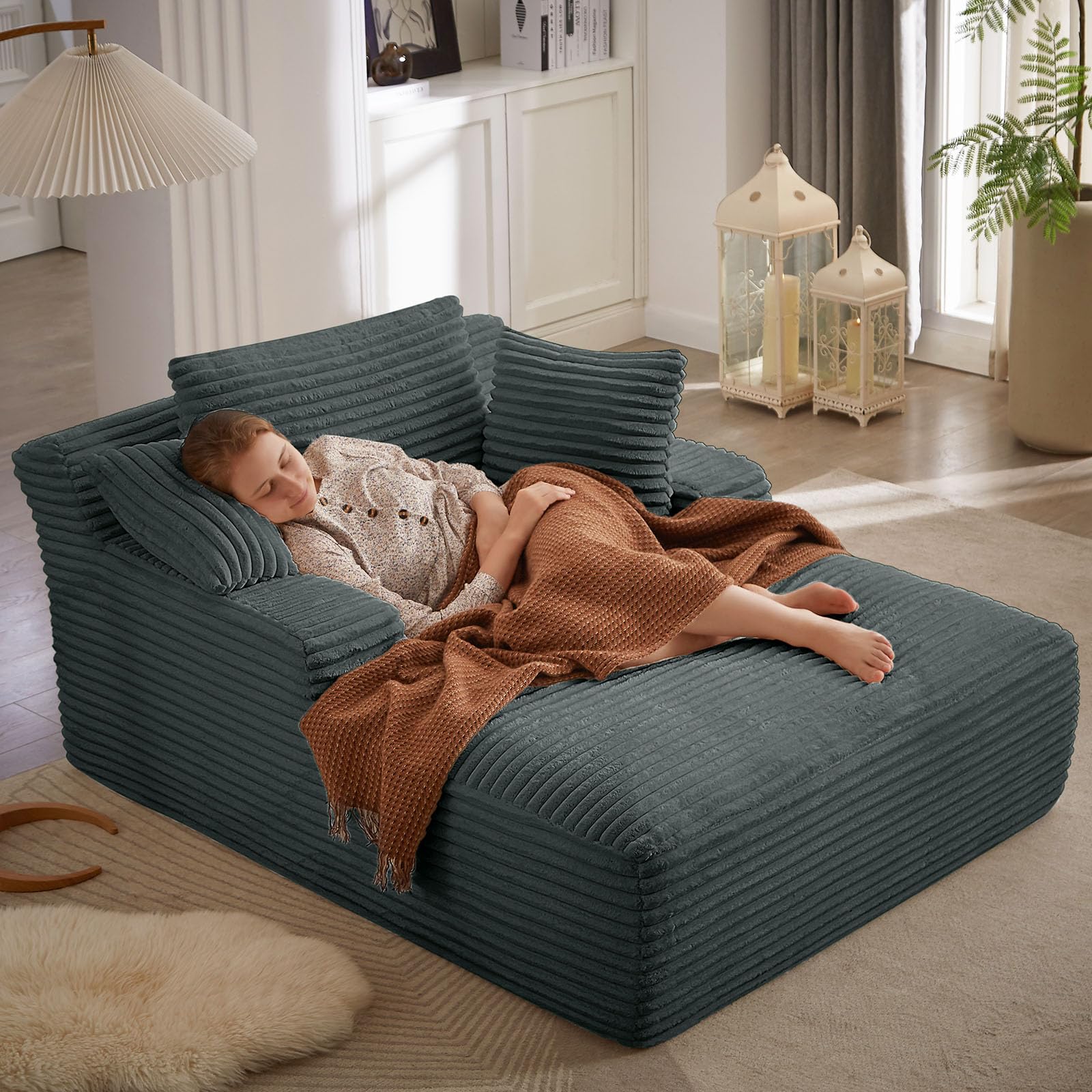 ODUWA Oversized Chaise Lounge Sofa Bed - Corduroy Sleeper Sofa Couch with Throw Pillows & Armrests, Recliner Cloud Chair for Living Room, Bedroom, Apartment (Grey) - Perfect for Relaxing, Napping & Small Space Living
