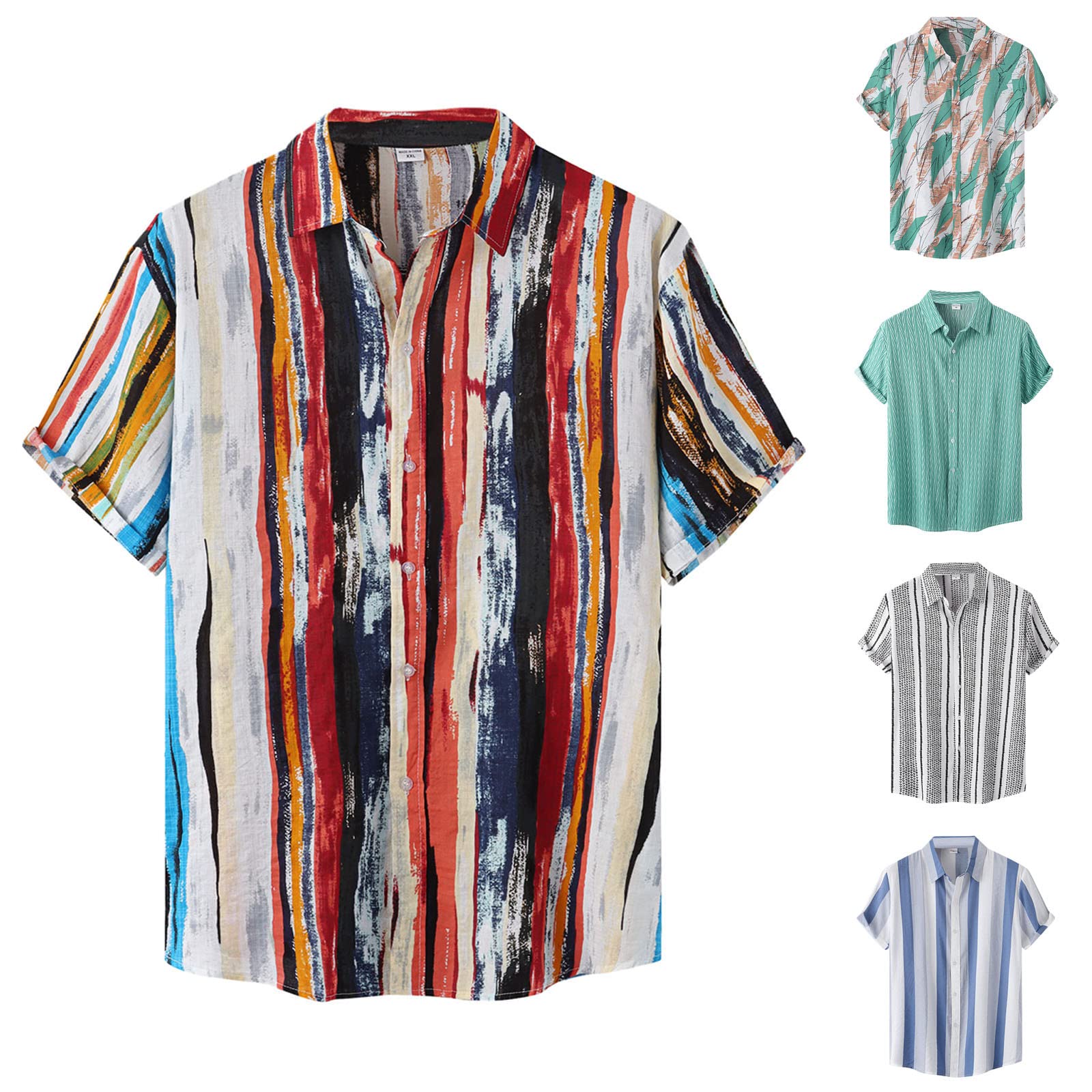 Men's Hawaiian Print Short Sleeve T-Shirt - Striped Vacation Shirt with Turn Down Collar for Summer, Beach, Sports & Casual Wear | Perfect for Tropical Getaways, Pool Parties and Outdoor Activities
