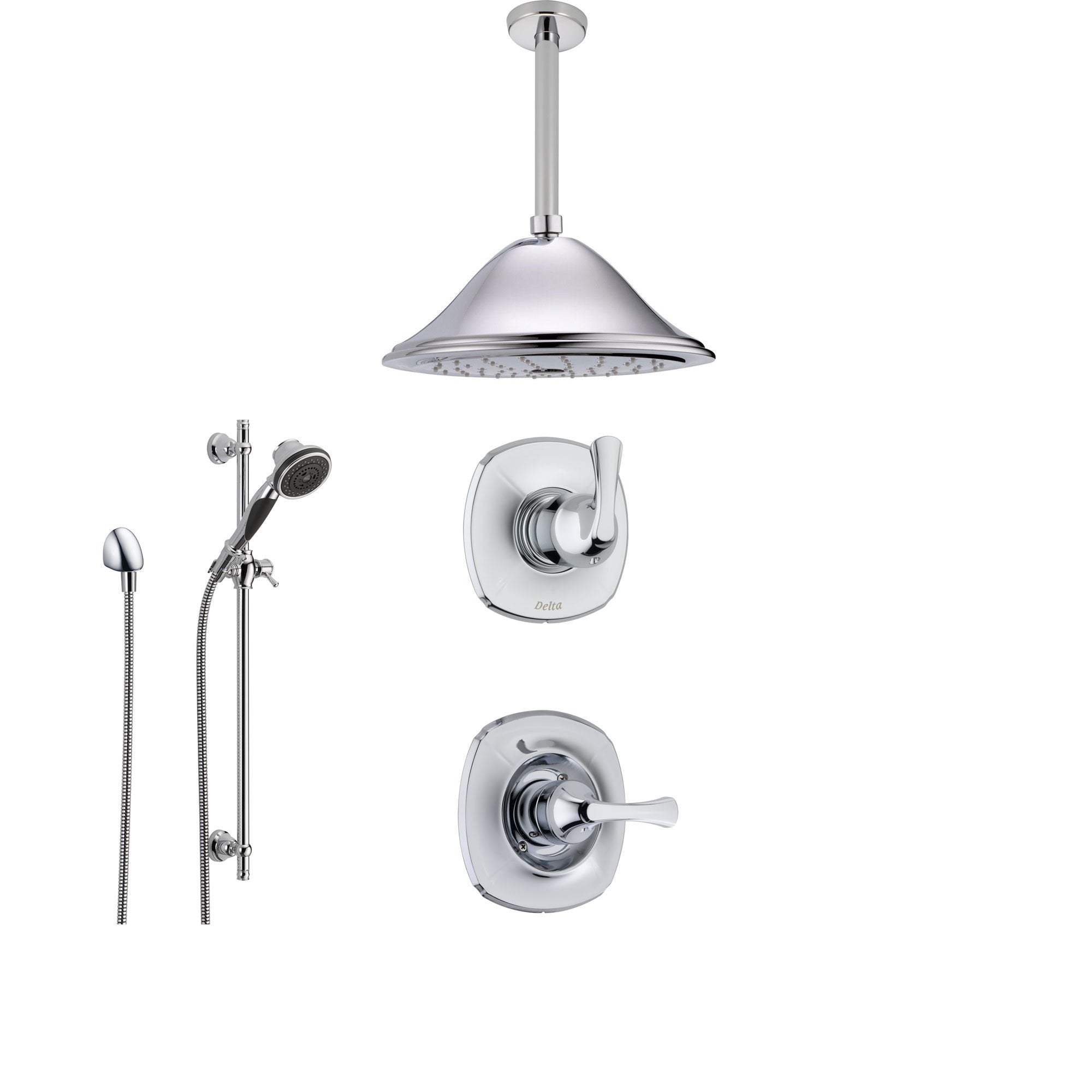 Delta Addison Chrome Shower System - 3-Function Diverter, Large Ceiling Mount Rain Showerhead & Handheld Shower with Normal Handle (Model SS149282) - Perfect for Modern Bathroom Renovations & Spa-Like Shower Experience