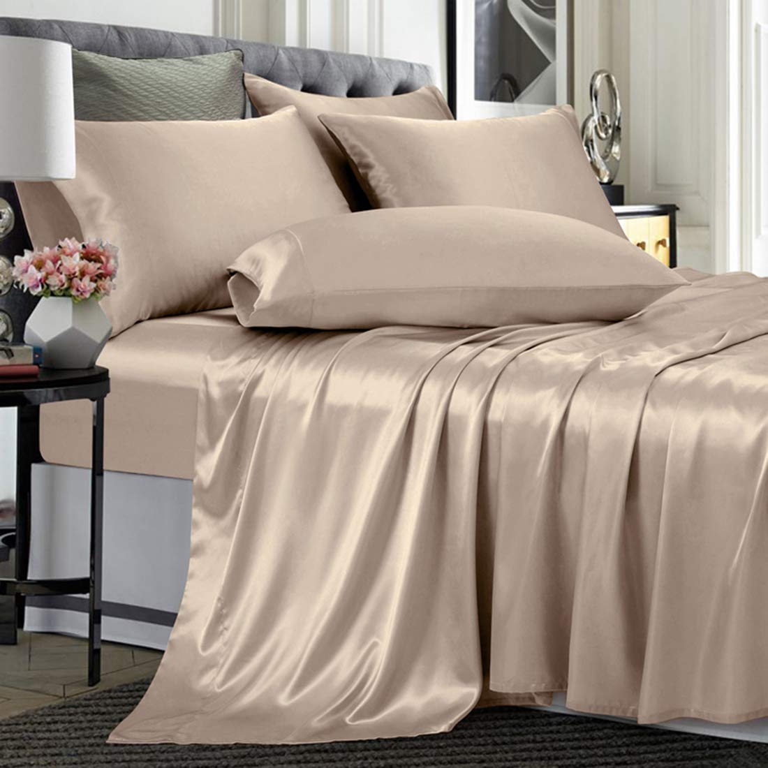 Luxury 6-Piece Satin Sheet Set California King Size - Silky Smooth Taupe Bedding with Deep Pocket (Fitted Sheet, Flat Sheet, 4 Pillowcases) for Ultimate Comfort - Perfect for Master Bedroom, Guest Room & Hotel Luxury Experience
