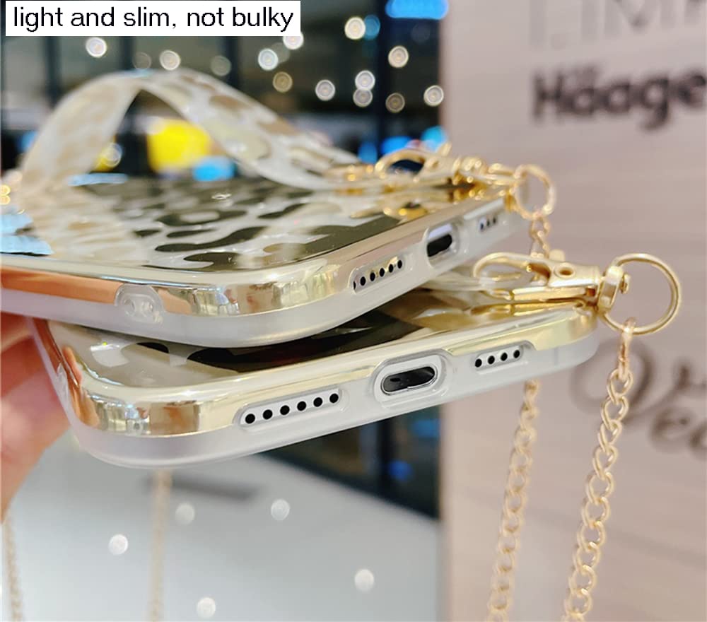 Sparkly Golden Leopard Print iPhone 12 Case for Women & Girls - Glitter Cheetah Design with Wrist Strap & Metal Chain - Trendy Protective Phone Cover for School, Work, and Everyday Use