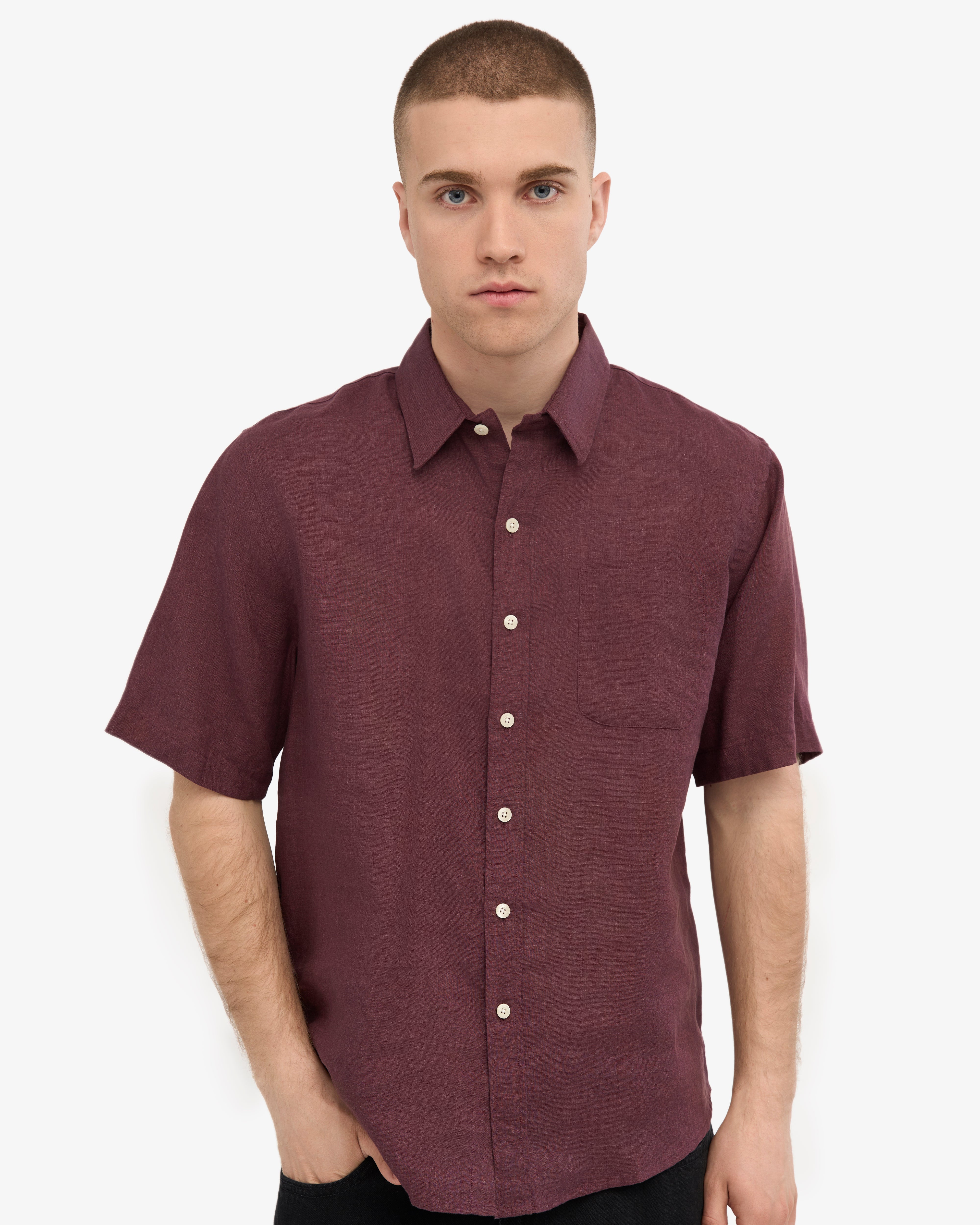 Premium Linen Short Sleeve Shirt for Men - Oxblood Red | Breathable Summer Casual Wear | Perfect for Beach, Vacation & Outdoor Activities