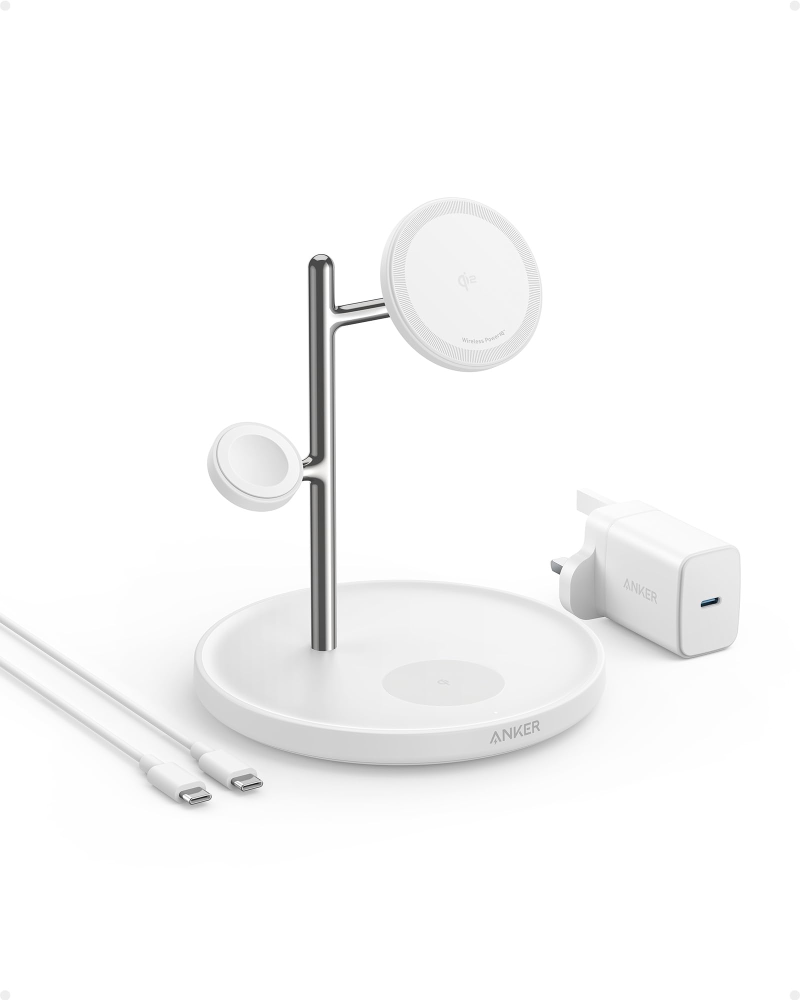 Anker 3-in-1 Wireless Charging Station with MagSafe | Qi2 Certified 15W Fast Charging Stand for iPhone 15/14/13 Series, AirPods Pro & Apple Watch Ultra | Includes USB-C Cable | Perfect for Home, Office & Travel Charging