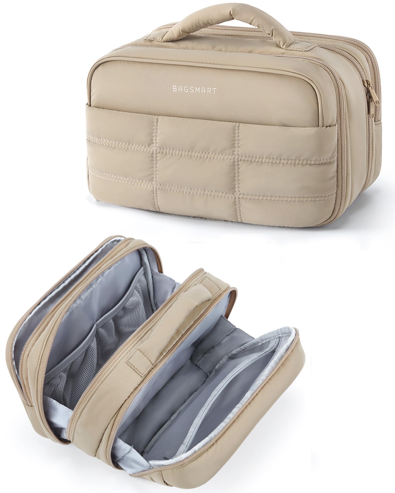 BAGSMART Women's Travel Toiletry Bag - Large Open Makeup Organizer for Cosmetics, Brushes & Bottles - Portable Khaki Toiletry Case for Women - Perfect for Air Travel, Gym & Weekend Getaways