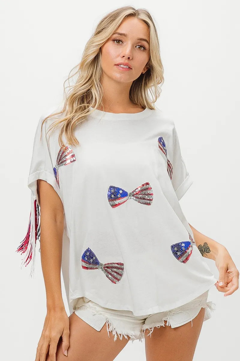 BiBi Patriotic American Flag Sequin Ribbon T-Shirt - Stylish USA Pride Top for Women, Perfect for 4th of July, Memorial Day & Independence Day Celebrations
