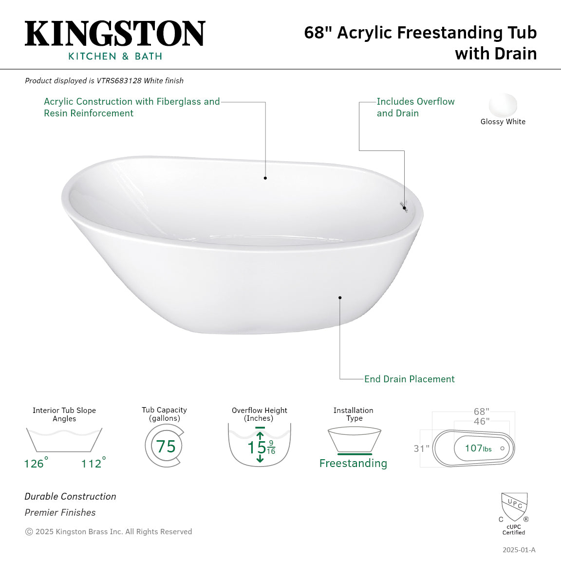 Aqua Eden 68 Inch Acrylic Oval Freestanding Bathtub - Glossy White Slipper Soaking Tub with Drain | Luxury Bathroom Upgrade for Spa-Like Relaxation at Home