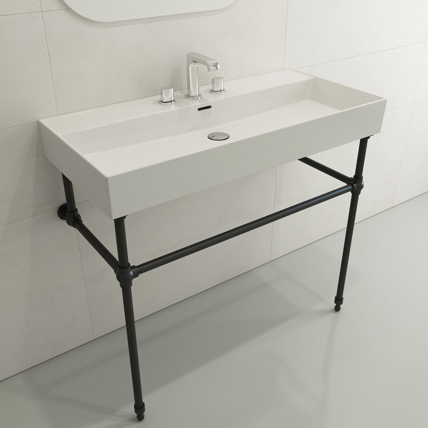 BOCCHI MILANO 39.75 Inch Wall Mounted Fireclay Bathroom Sink with Overflow - 3 Hole Faucet Pre-Drilled - Perfect for Small Bathrooms, Powder Rooms & Vanities