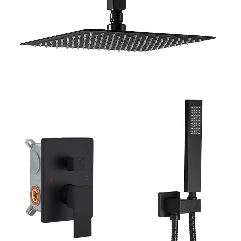 10 Inch Ceiling Mounted Rain Shower System - Matte Black Rainfall Shower Head with Mixer Valve and Rough-in Trim - Perfect for Modern Bathroom Renovations and Spa-Like Shower Experiences