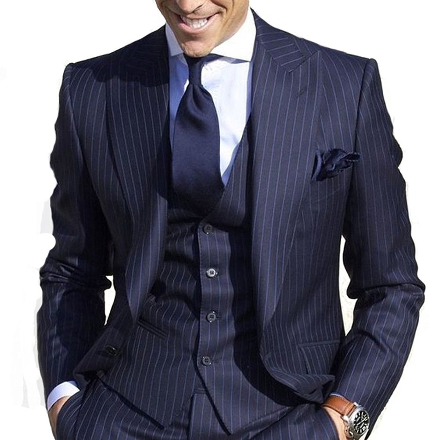 Blue Slim Fit Pinstripe Groom Tuxedo Suit - Tailored Wedding Suits for Groomsmen | Perfect for Formal Weddings, Prom & Special Occasions