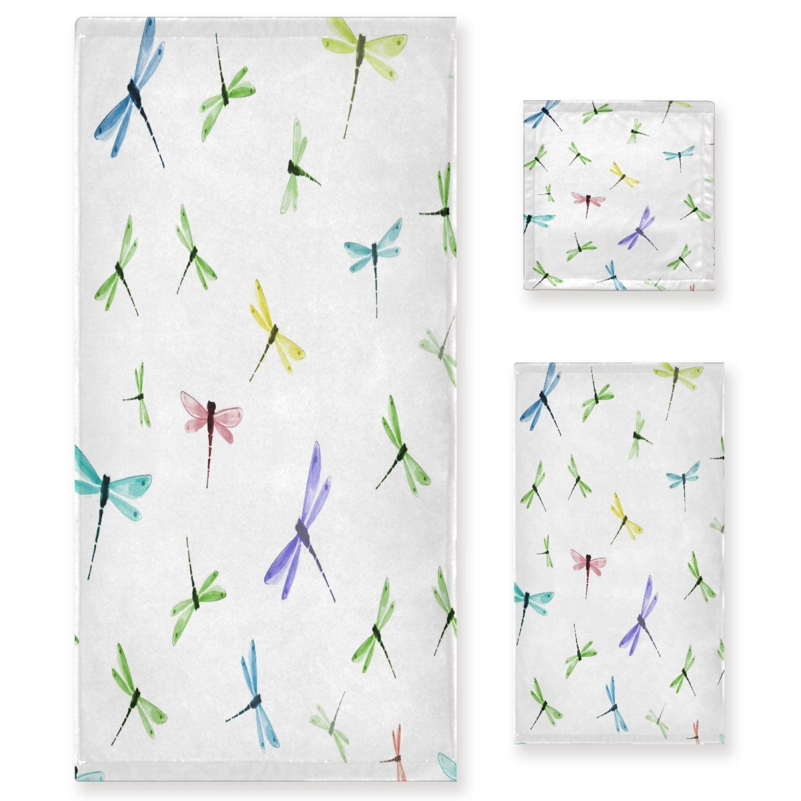 ALAZA 3-Piece Bath Towel Set with Dragonfly Design - 1 Bath Towel, 1 Hand Towel, 1 Washcloth - Ultra Soft & Quick Drying Cotton Towels for Bathroom, Spa, and Guest Room Decor