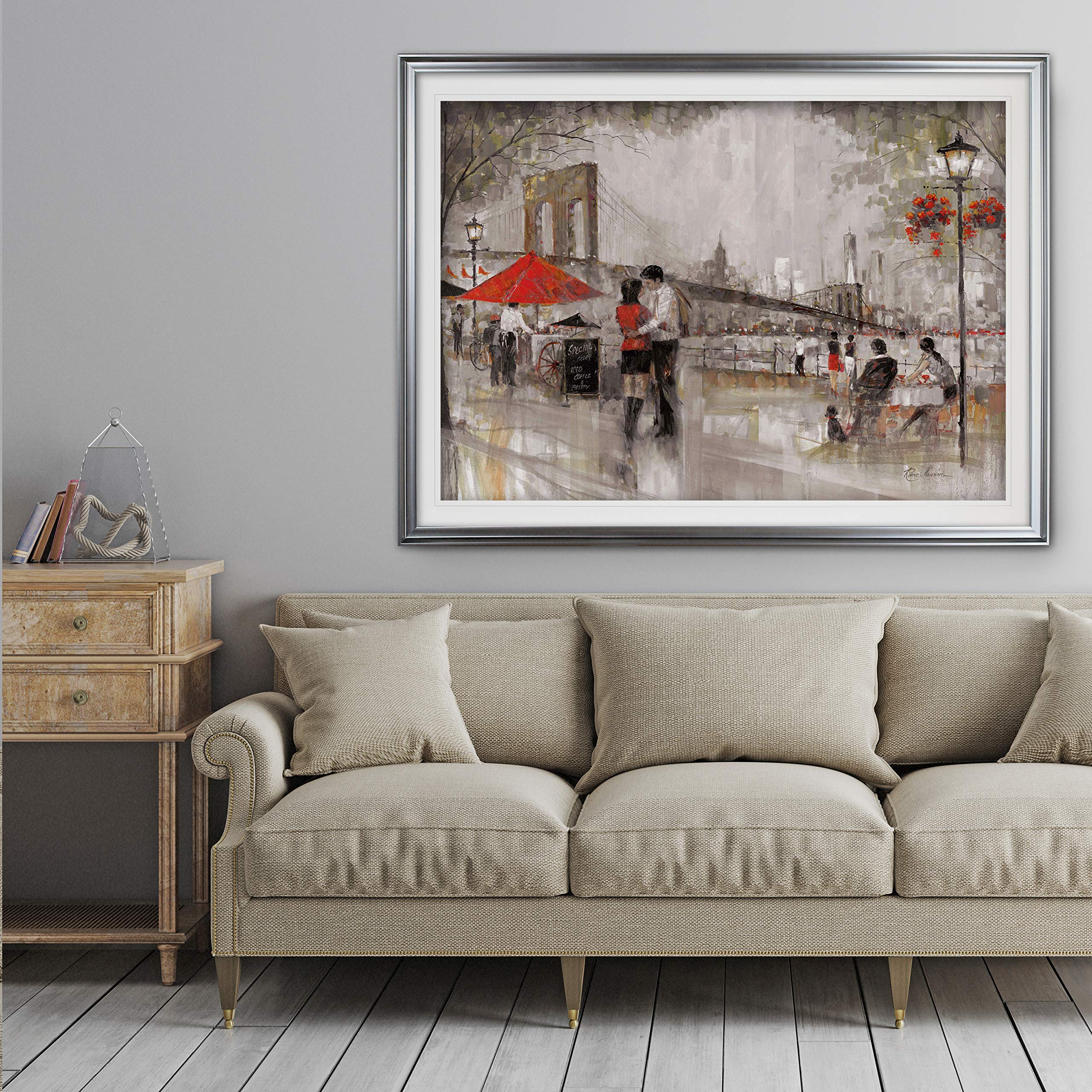 Romantic Brooklyn Bridge Wall Art - Framed Scenic Landscape Giclee Canvas Print | New York City Painting for Home Decor | Perfect for Living Room, Bedroom & Office Wall Decor